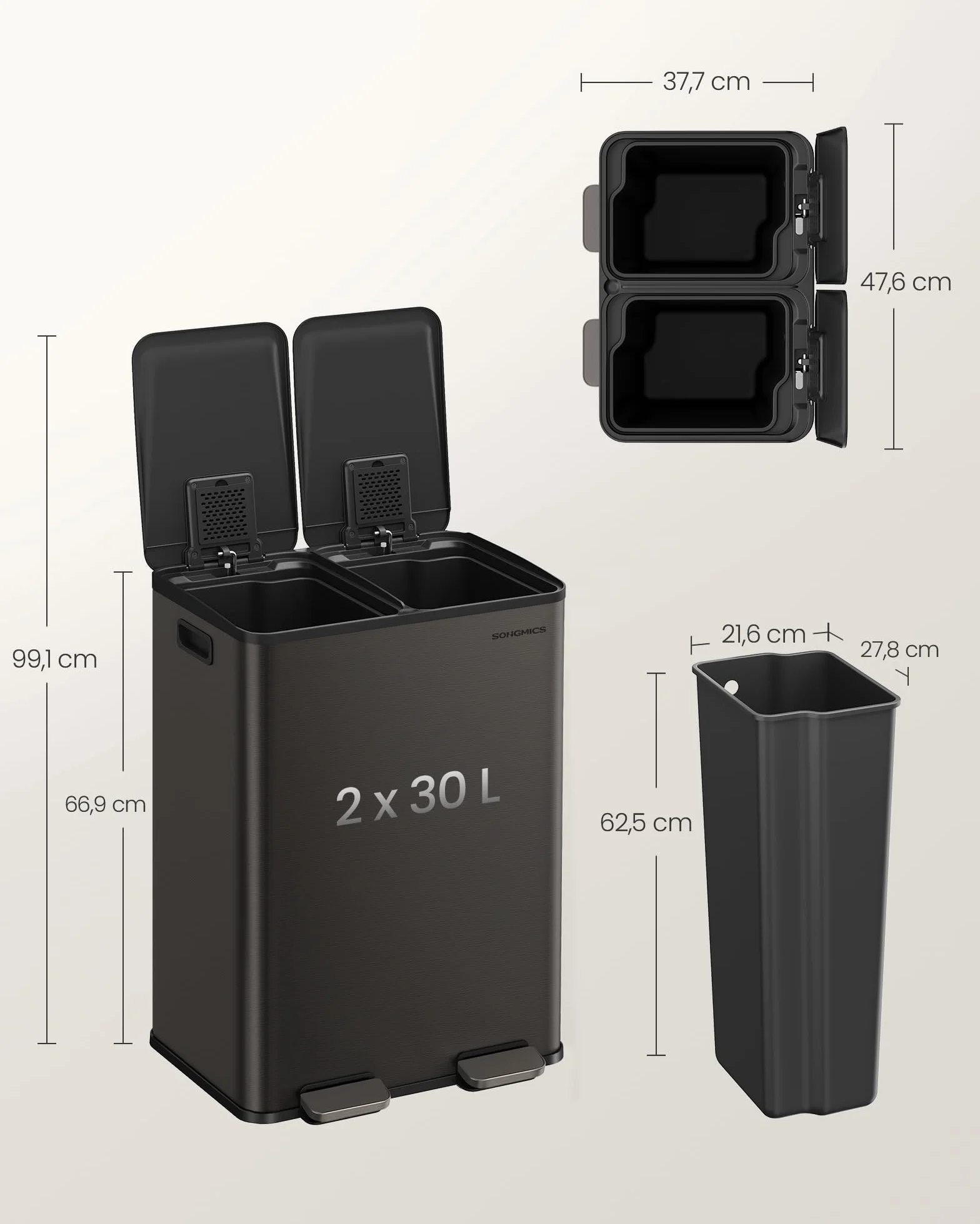 SONGMICS Kosz kuchenny, 2 x 20 l (2 x 30 l) podwójny kosz na śmieci z pedałem z miękkim zamknięciem i wewnętrznymi wiaderkami, stal, zawiera 15 worków wkładowych, szary łupek LTB741G01