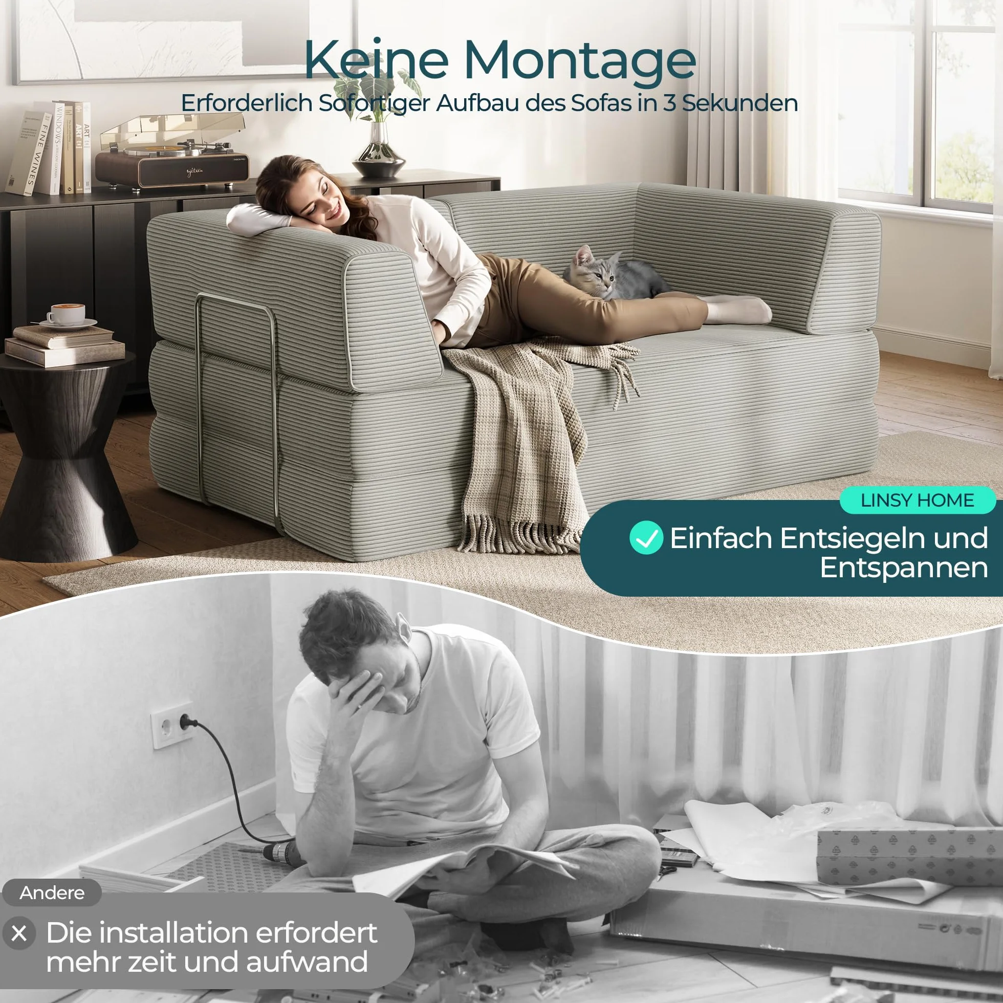 LINSY HOME Sofa z funkcją spania – sofa podłogowa z poduszką na plecy – rozkładana sofa do spania o szerokości 160 cm – tkanina sztruksowa do salonu, sypialni