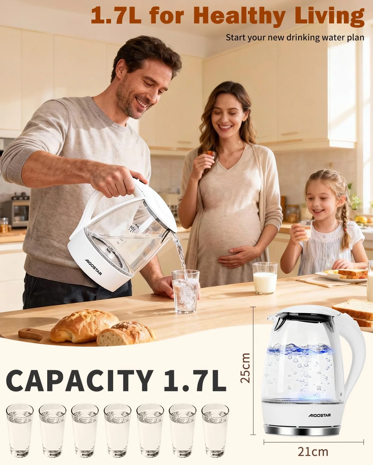 Aigostar Eve 30GON- Szklany czajnik z podświetleniem LED, 2200W, 1.7 L. Zabezpieczenie przed przegrzaniem, BPA Free, Biały ekskluzywny projekt