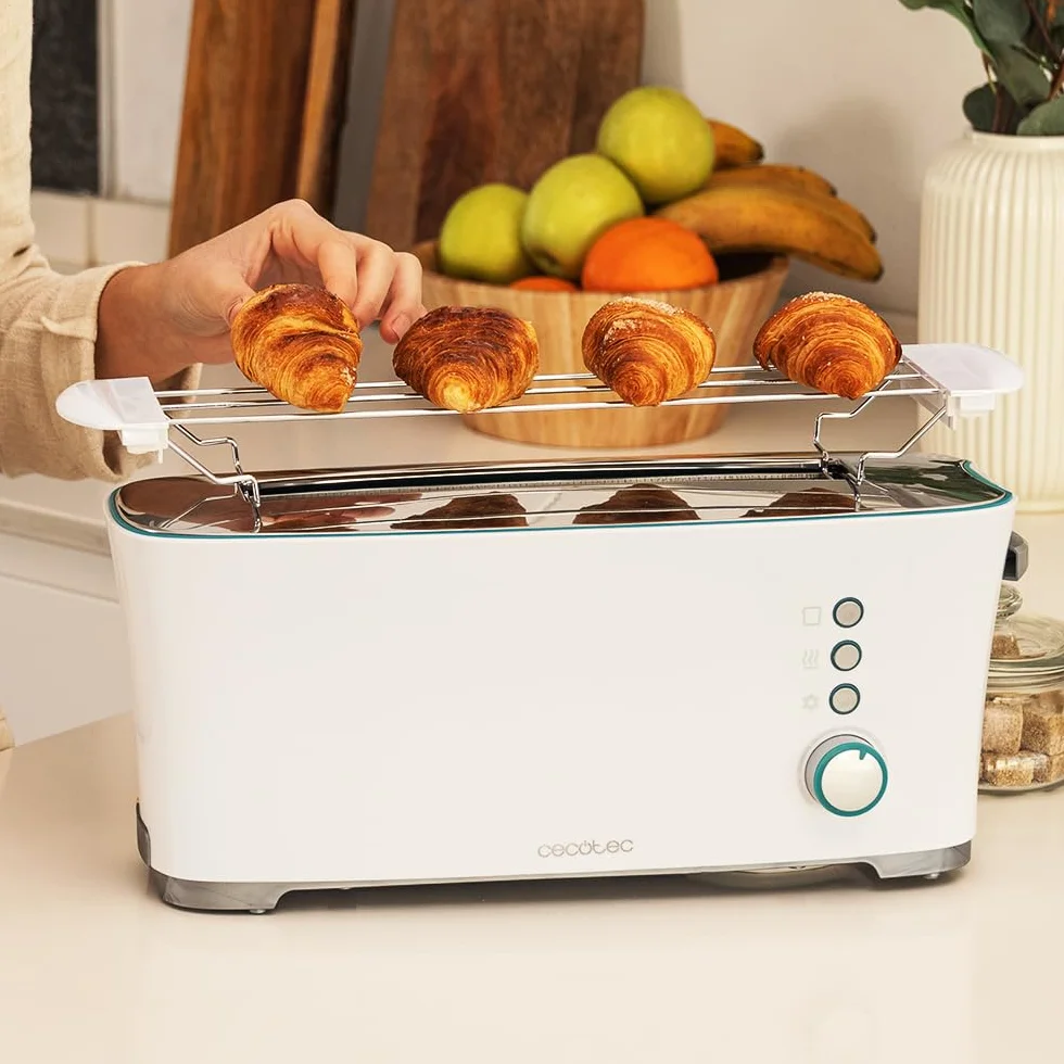 Cecotec Toster Toast&Taste Extra W,1000W mocy, Podwójne gniazdo XL dla grubych chlebów, System samocentrujący, 7 pozycji prażenia, Automatyczny wyrzut, Zbieranie okruchów