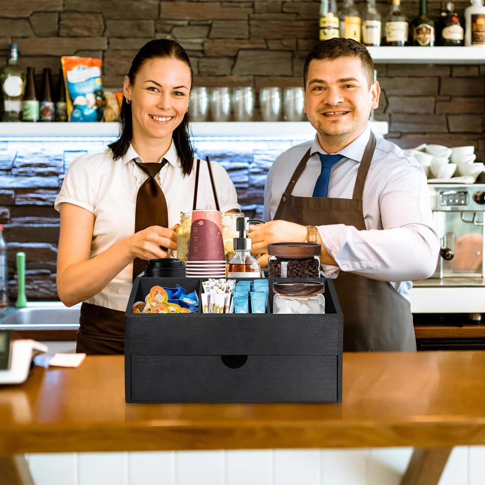 Dozownik cukru do kawy | Drewniany uchwyt na cukier i herbatę z szufladą do domowego biura restauracji stylowe rozwiązanie do przechowywania idealne dla miłośników kawy
