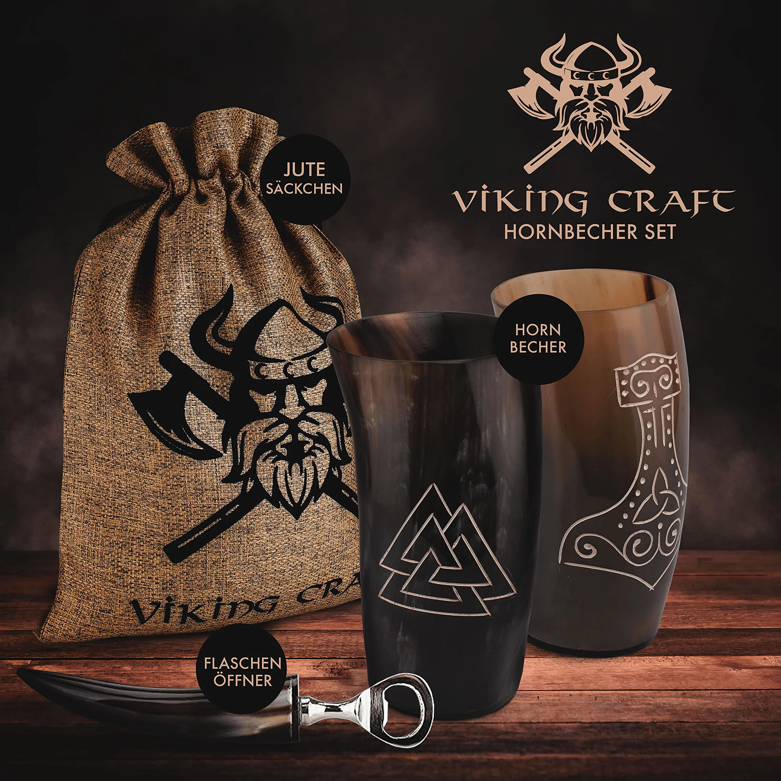 VIKING CRAFT® Kubek z rogiem Wikingów 2 x ok. 350 ml – duży kubek dla Wikingów Met miód miodowy – dekoracja Wikingów, kubek z miodu pitnego, zestaw rogów, średniowieczny kufel do piwa, LARP