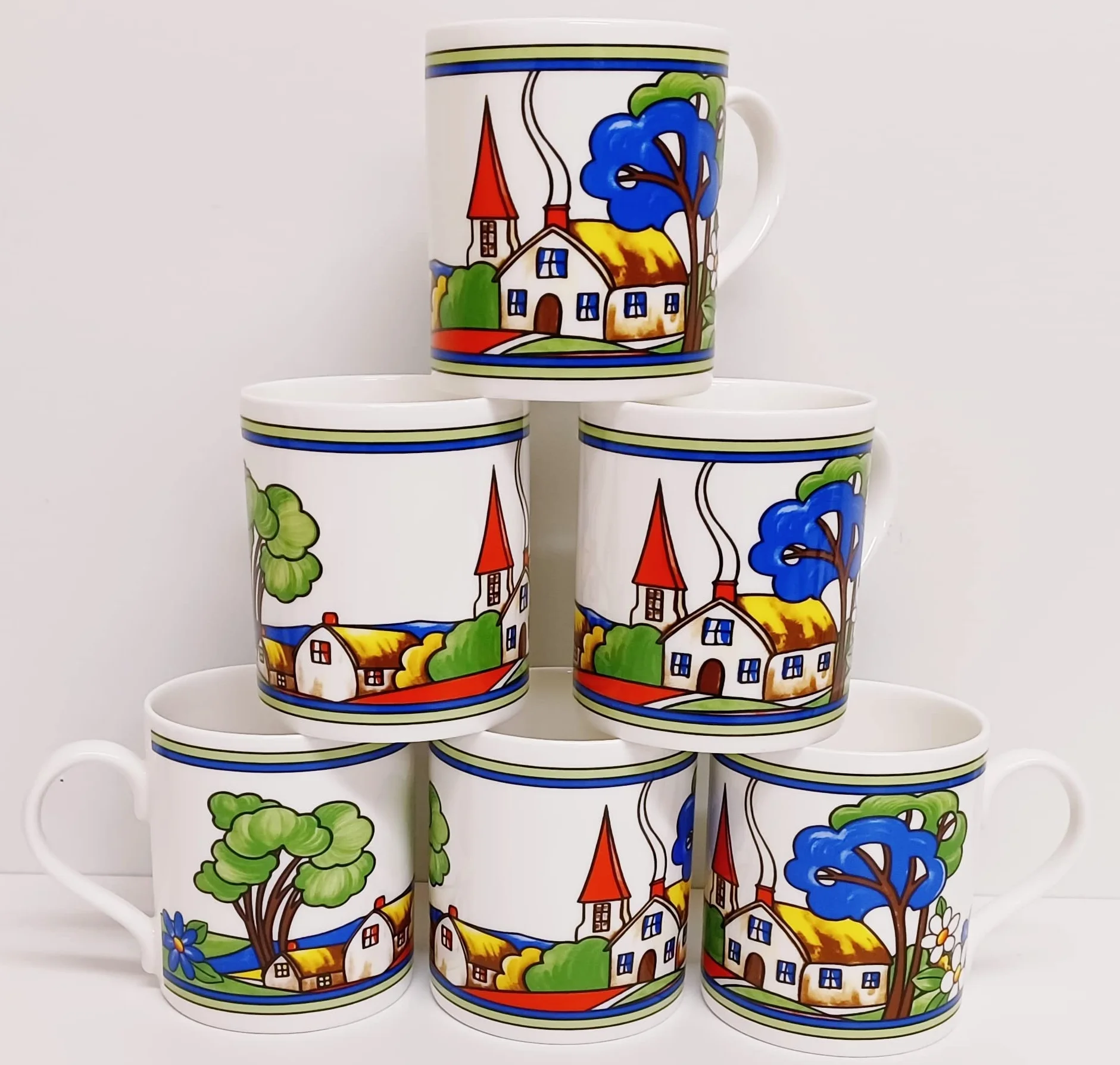 Village Art Deco kubki, zestaw 6 dużych kubków Balmoral, 425 ml, wysokiej jakości porcelana kostna, ekskluzywne, wiejskie kubki do sceny, ręcznie dekorowane w Wielkiej Brytanii