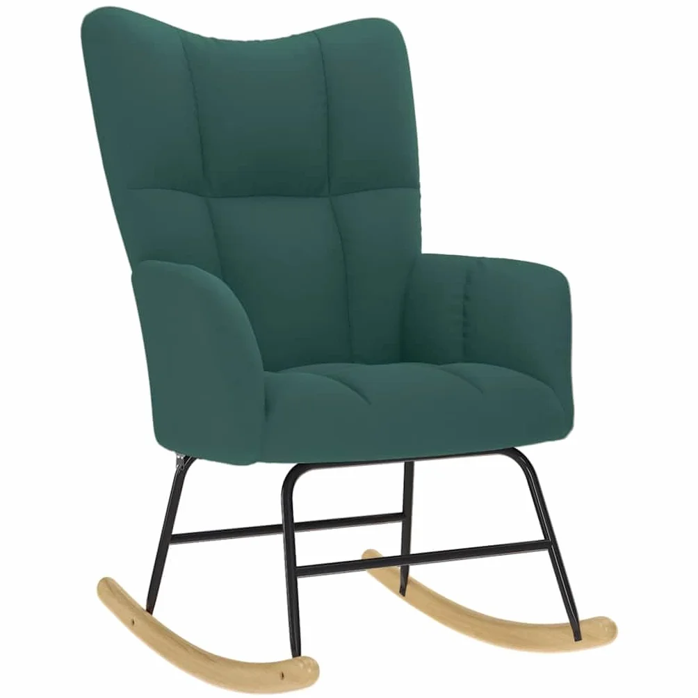 Fotel bujany z podnóżkiem, ciemnozielony materiał, tapicerowany podłokietnikiem i oparciem, ergonomiczny, drewniana rama, do salonu, na balkon, do pokoju dziecięcego, relaksu, czytania