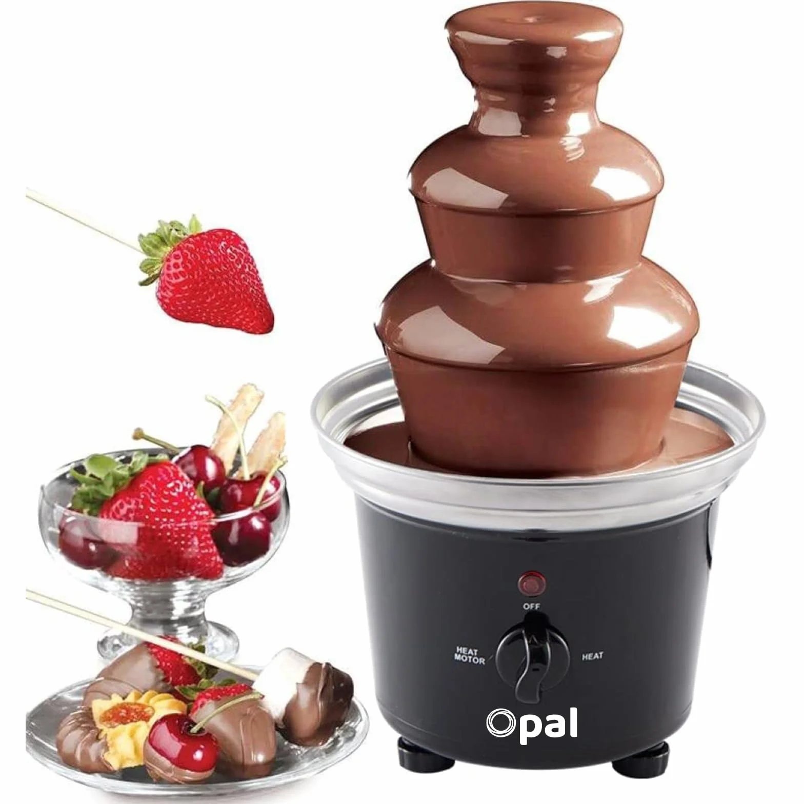 Opal Fontanna do Czekolady 3-Poziomowa – Stal Nierdzewna, 500ml, 90W, Zestaw Fondue Elektryczny z Podgrzewaną Podstawą (OCF17)