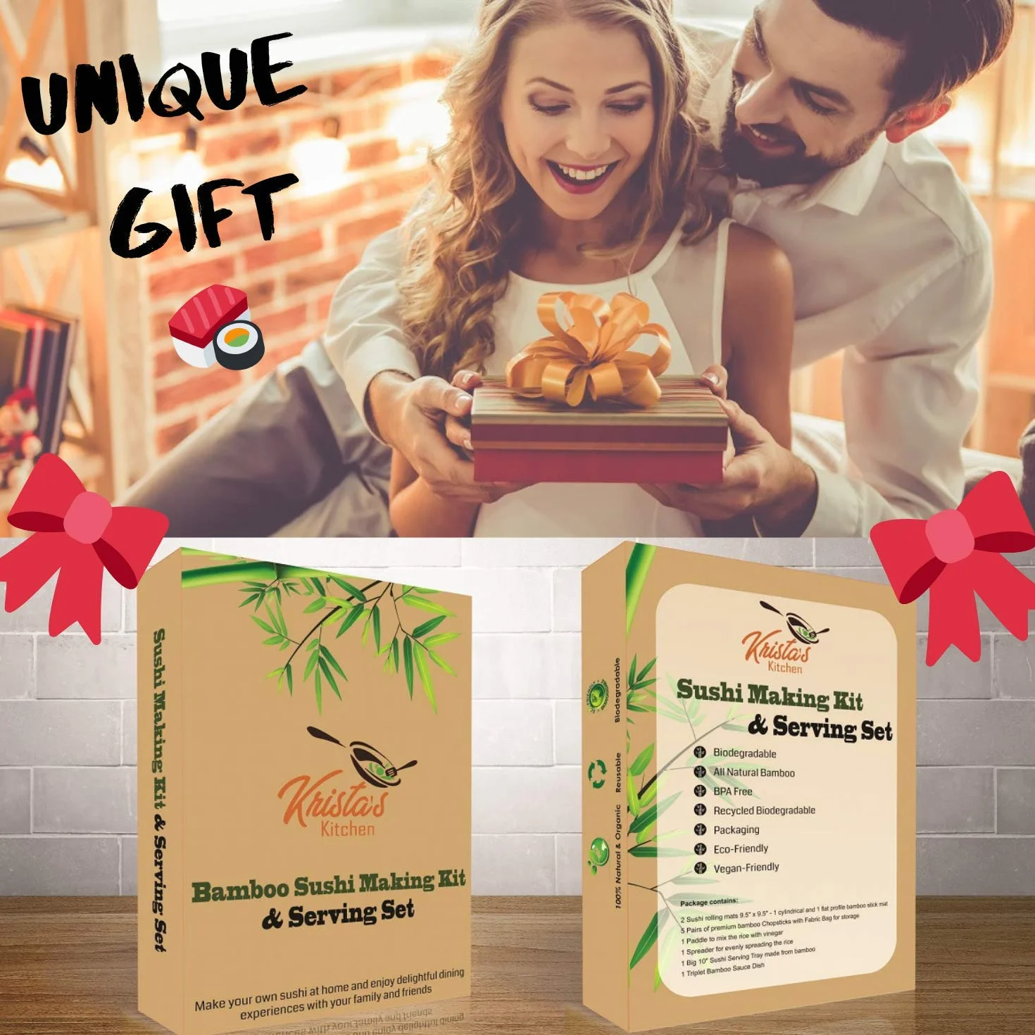 Zestaw do robienia sushi, 11 szt. – bambusowa mata do krojenia sushi i zestaw do serwowania – zrób własne sushi w domu, 2 maty, 5 par pałeczek z torbą, łopatką, rozrzutnikiem, półmisek, półmisek do