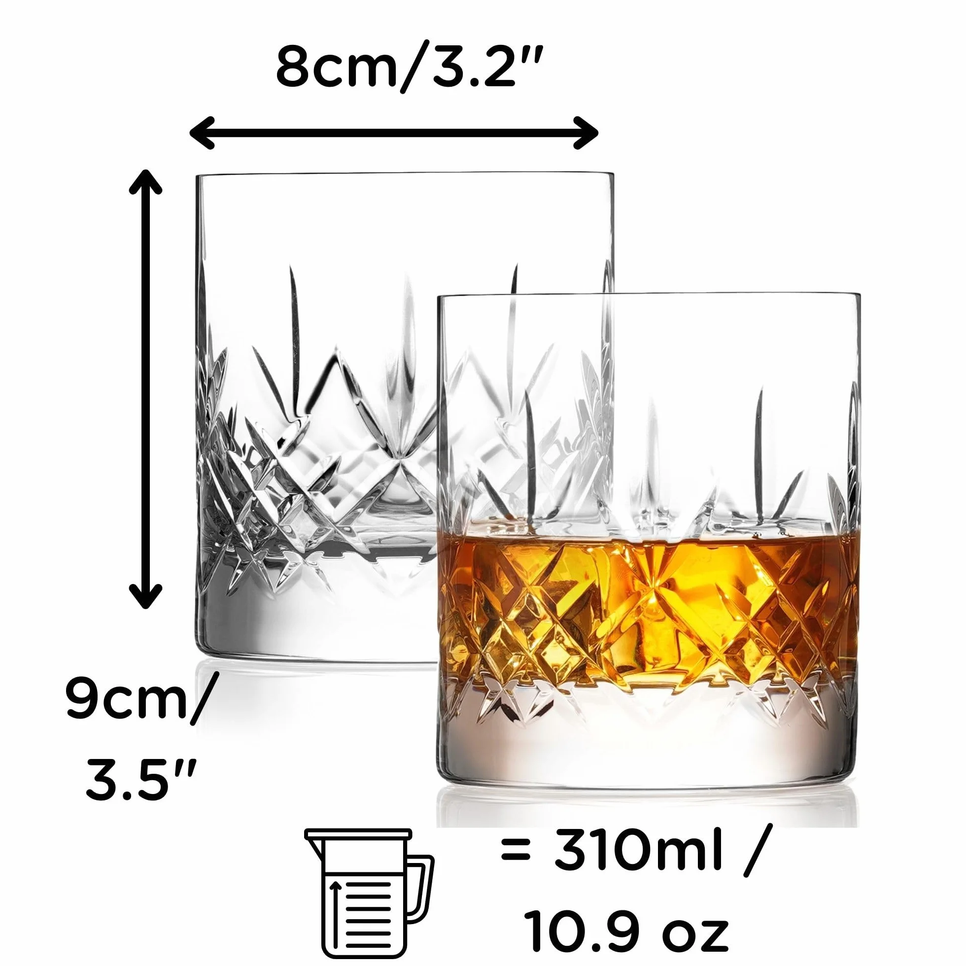 Szklanki do whisky, kryształowe szklanki do whisky, szlifowane szklanki, tradycyjne, bezołowiowe, o wysokiej przejrzystości, zestaw 2 szt., 310 ml, pudełko z satynową podszewką,