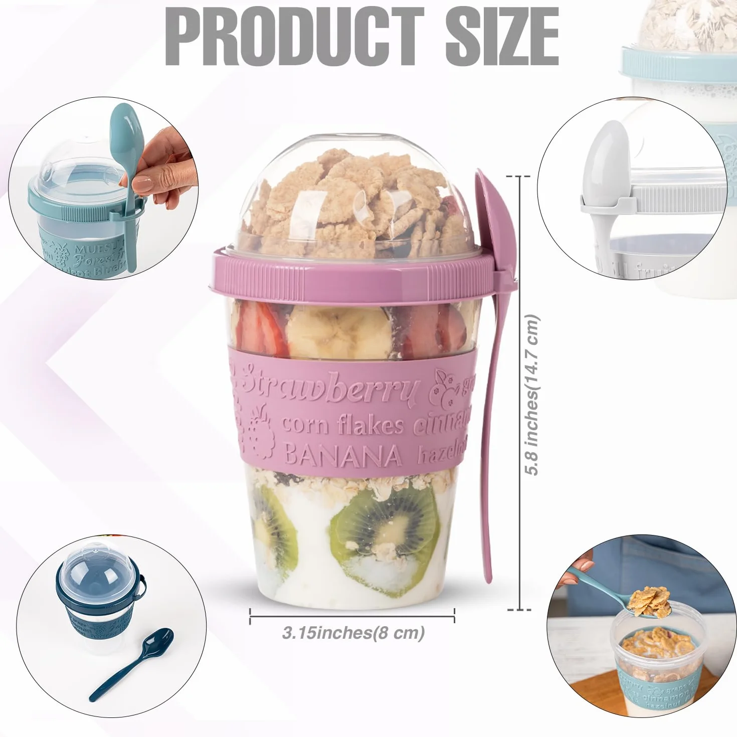 EYNEL 4-pak On The Go Kubki na jogurt i płatki śniadaniowe, pokrywki, łyżka, pojemnik na owoce, wielokrotnego użytku, parfait, dzbanek na mleko, granola