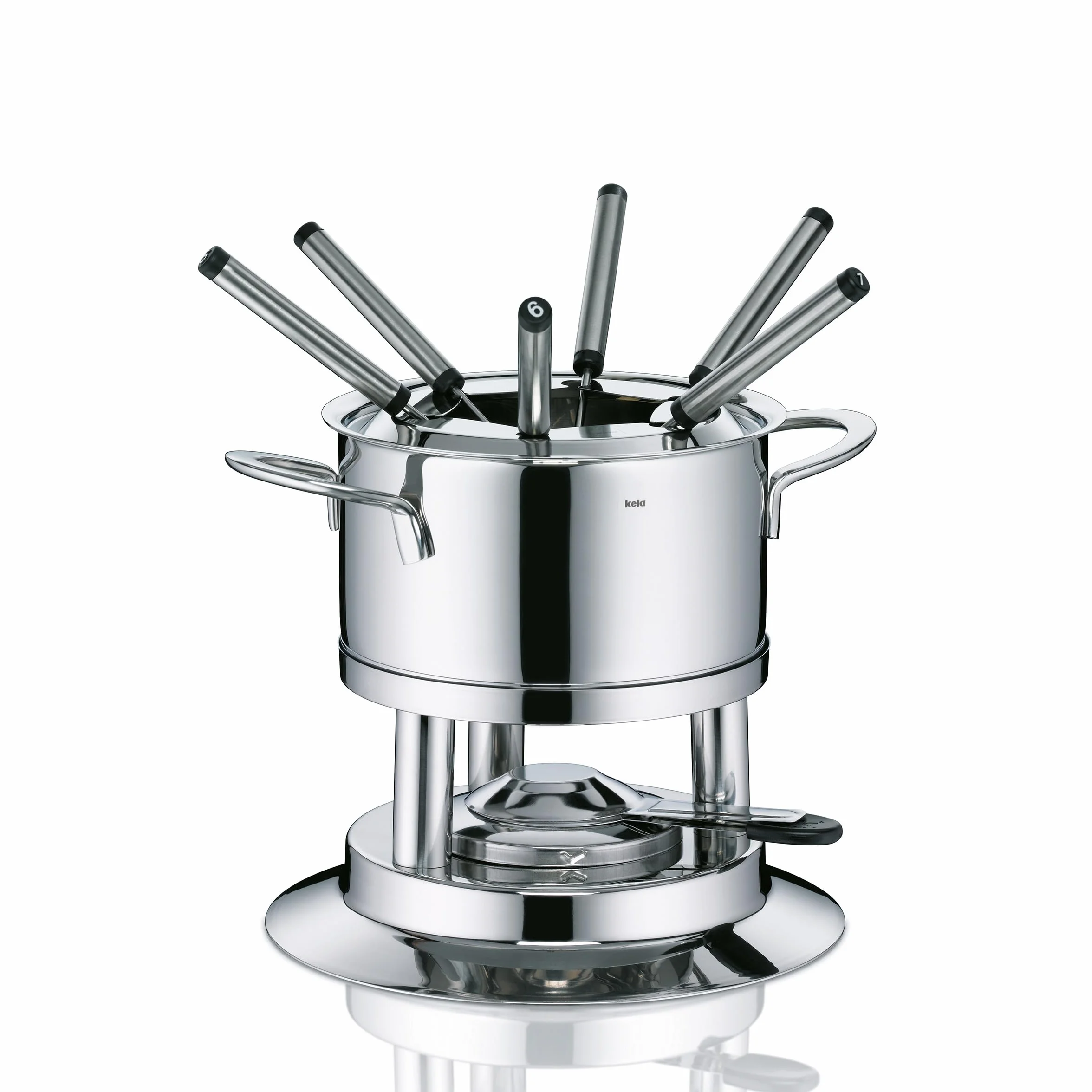 kela Zestaw fondue do mięsa, 10 szt., fondue ze stali nierdzewnej dla 6 osób Cailin, zestaw do fondue z uchwytem na pastę paliwową, widelce, uchwyt na widelec