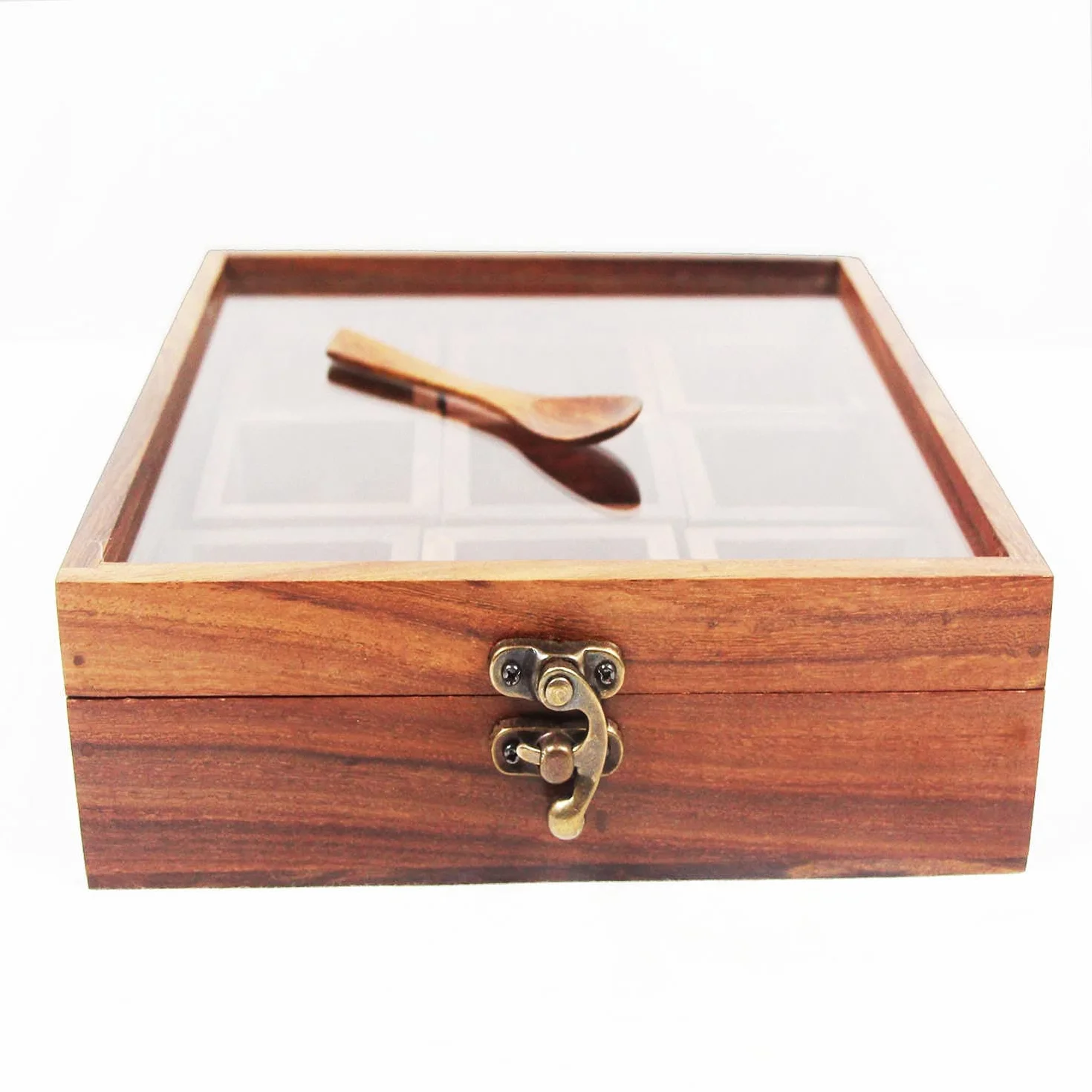 Rękodzieło brązowe designerskie drewniane pudełko na przyprawy kuchnia i jadalnia świetne 9 pudełek do przechowywania przypraw 20 x 20 x 6,3 cm