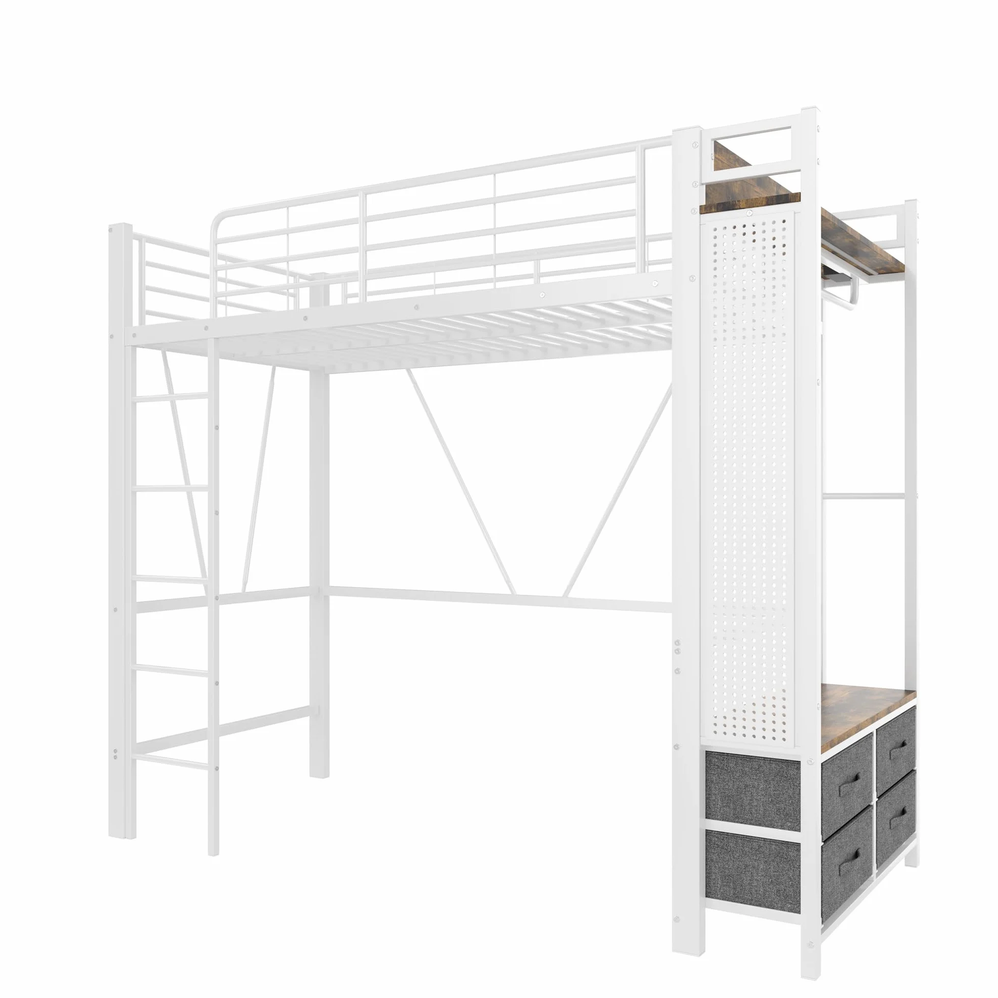 OKMYHOME Łóżko antresolowe 90x200 cm - łóżko dekoracyjne z biurkiem i miejscem do przechowywania - metal i MDF - bez materaca - białe