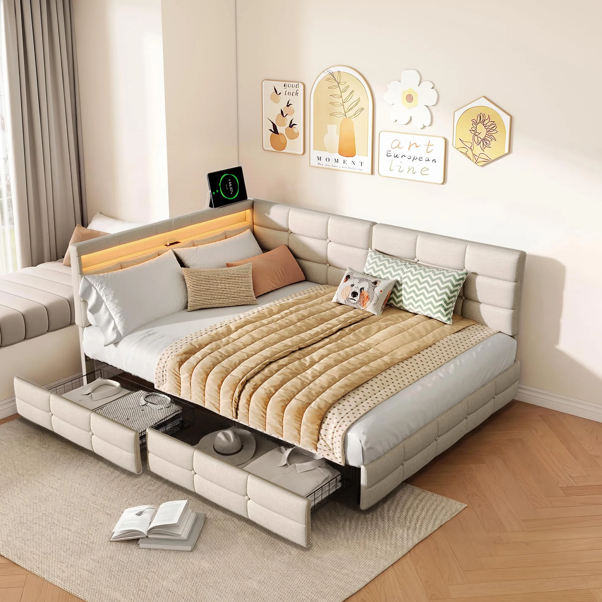Łóżko tapicerowane Schlafsofa 140x200 cm, łóżko dzienne z 2 szufladami i stelażem z listew, sofa-łóżko, łóżko dwuosobowe z diodami LED i USB, łóżko dzienne, łóżko młodzieżowe, stelaż łóżka, len