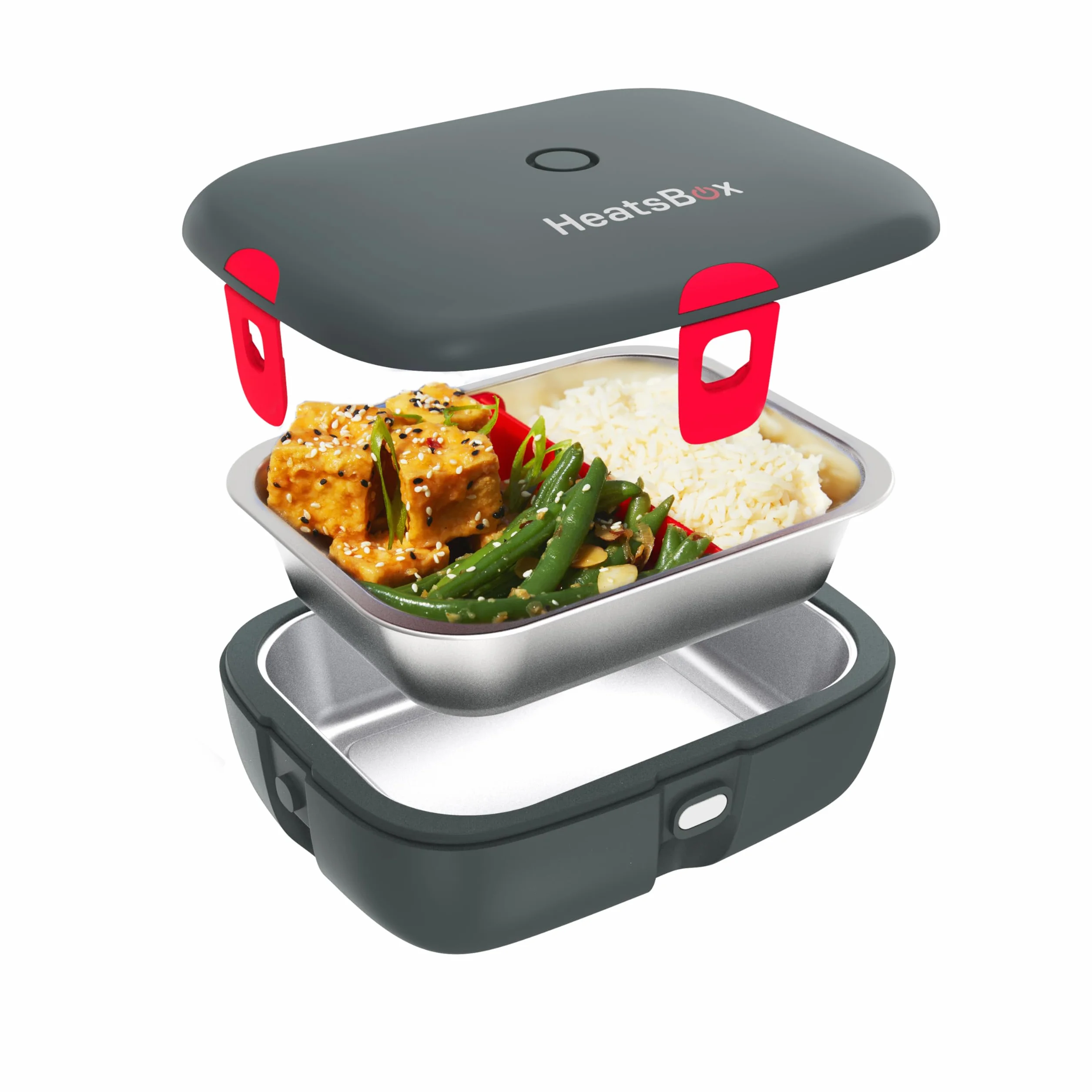 FAITRON HeatsBox Style+, elektryczne pudełko na lunch, pojemnik utrzymujący ciepło potraw, szczelna misa ze stali nierdzewnej, pokrywa transportowa, sterowanie za pomocą aplikacji, 100 W, szary