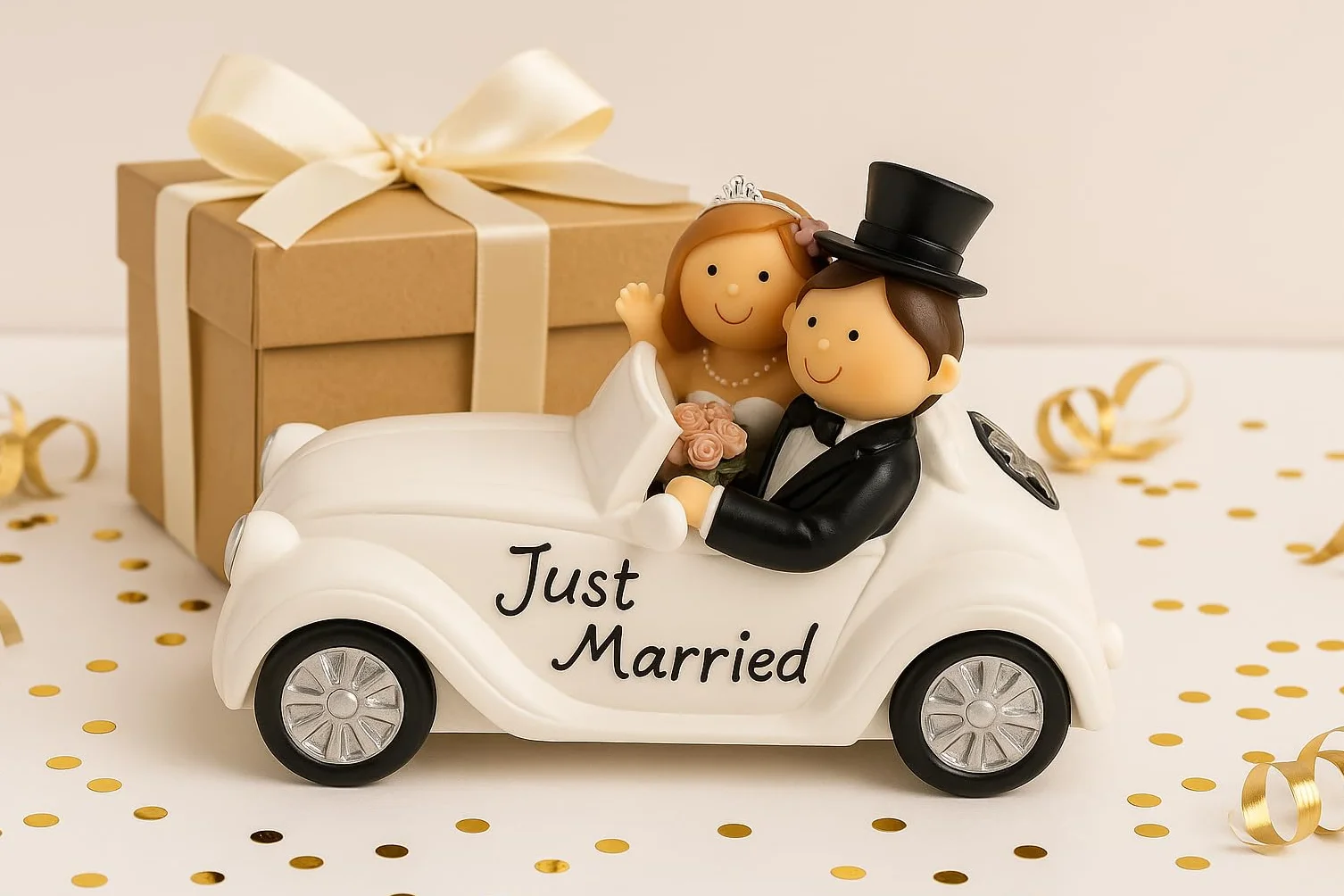 Skarbonka para weselna w kabrioletze - Just Married - samochód weselny z parą młodą - ceramiczna świnka skarbonka ślub