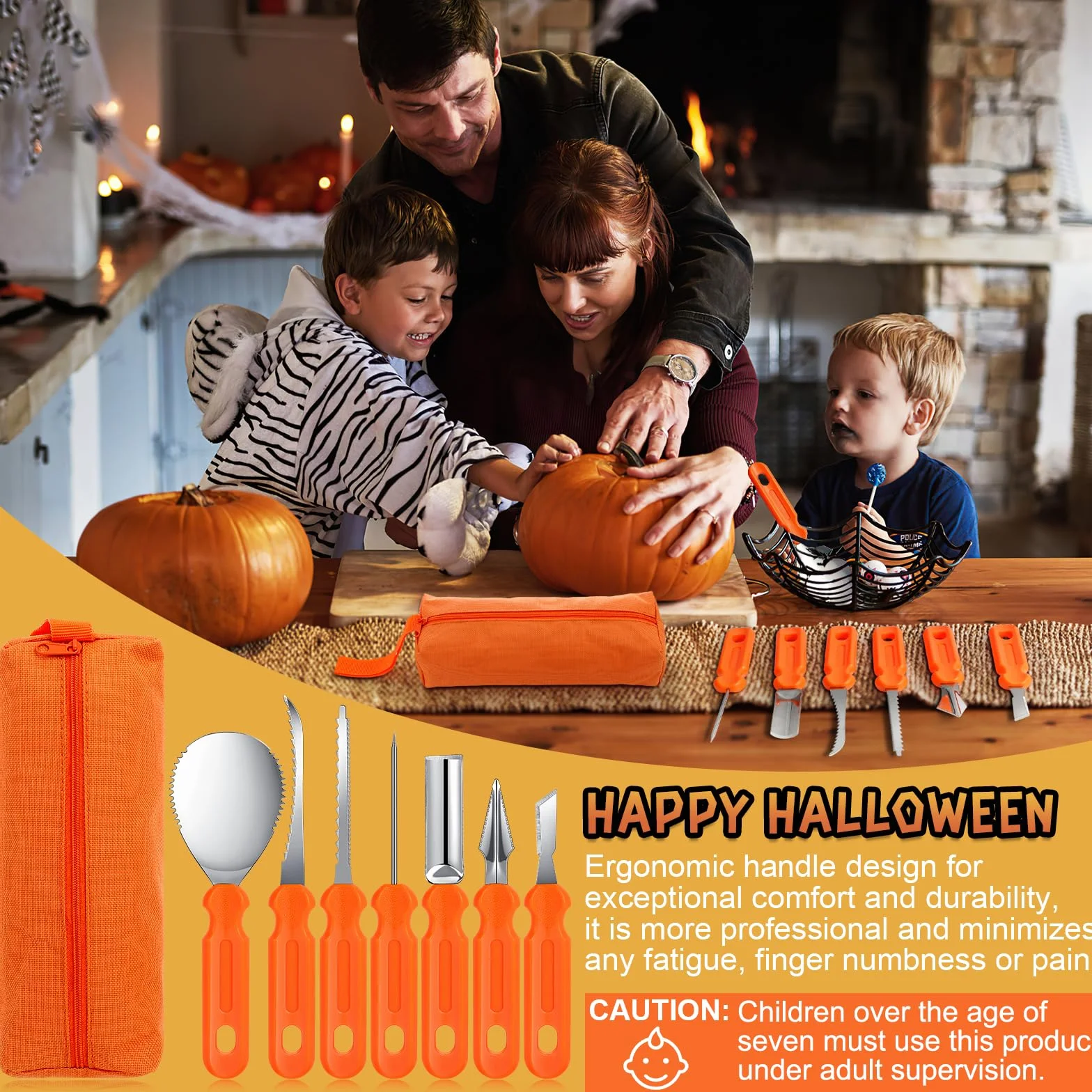 Zestaw noży do rzeźbienia w dyni ze stali nierdzewnej, 7-częściowy nóż do snycerki Halloween z torbą