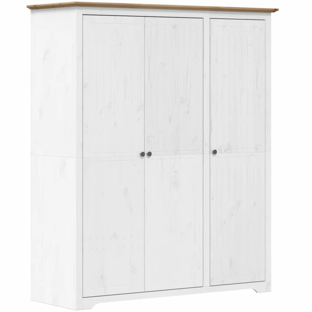 Hothingwell BODO biała brązowa szafka na ubrania 146x53,5x173 cm z litego drewna sosnowego, szafka do przechowywania z metalowymi drzwiami i uchwytem, wisząca szyna i półka na ubrania, buty