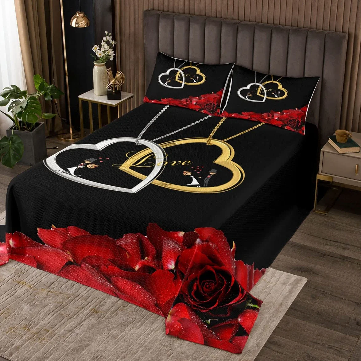 Couple Lover narzuta dzienna dla dziewcząt, nastolatków, na wesele, serce, naszyjnik, komplet 3-częściowy, dekoracyjny z 2 poszewkami na poduszki, czerwone kwiaty, pościel z mikrofibry, pikowana, 220