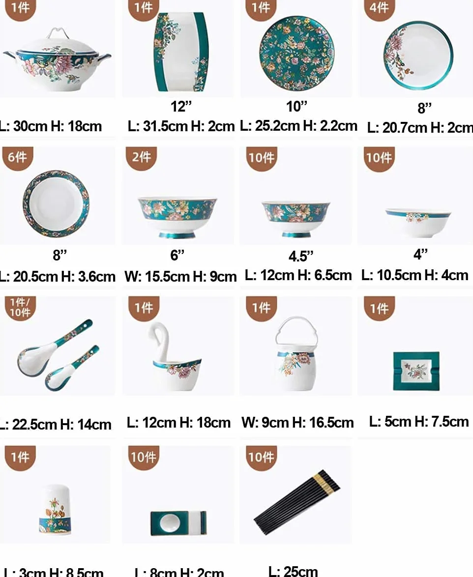 Wysokiej jakości zestaw naczyń do restauracji i domów prywatnych, 70-częściowy, zestaw naczyń z porcelany kostnej, emaliowane, ceramiczne naczynia w stylu pałacowym, 10 talerzy do serwowania
