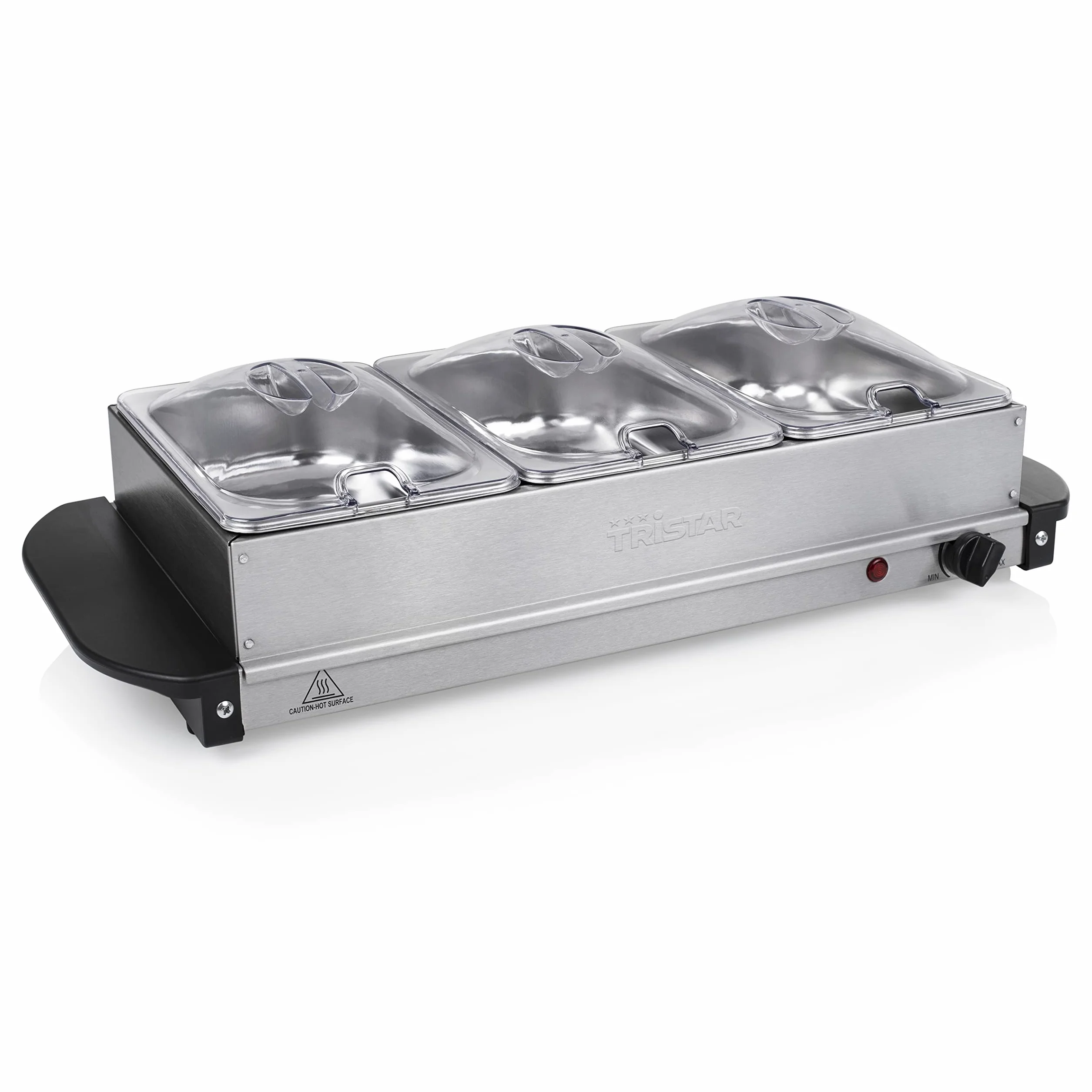 Tristar Podgrzewacz bufetowy ze stali nierdzewnej – regulowany termostat, pojemnik bufetowy 3 x 1,5 l, może być używany jako płyta grzewcza, 200 W, BP-6283, srebrny