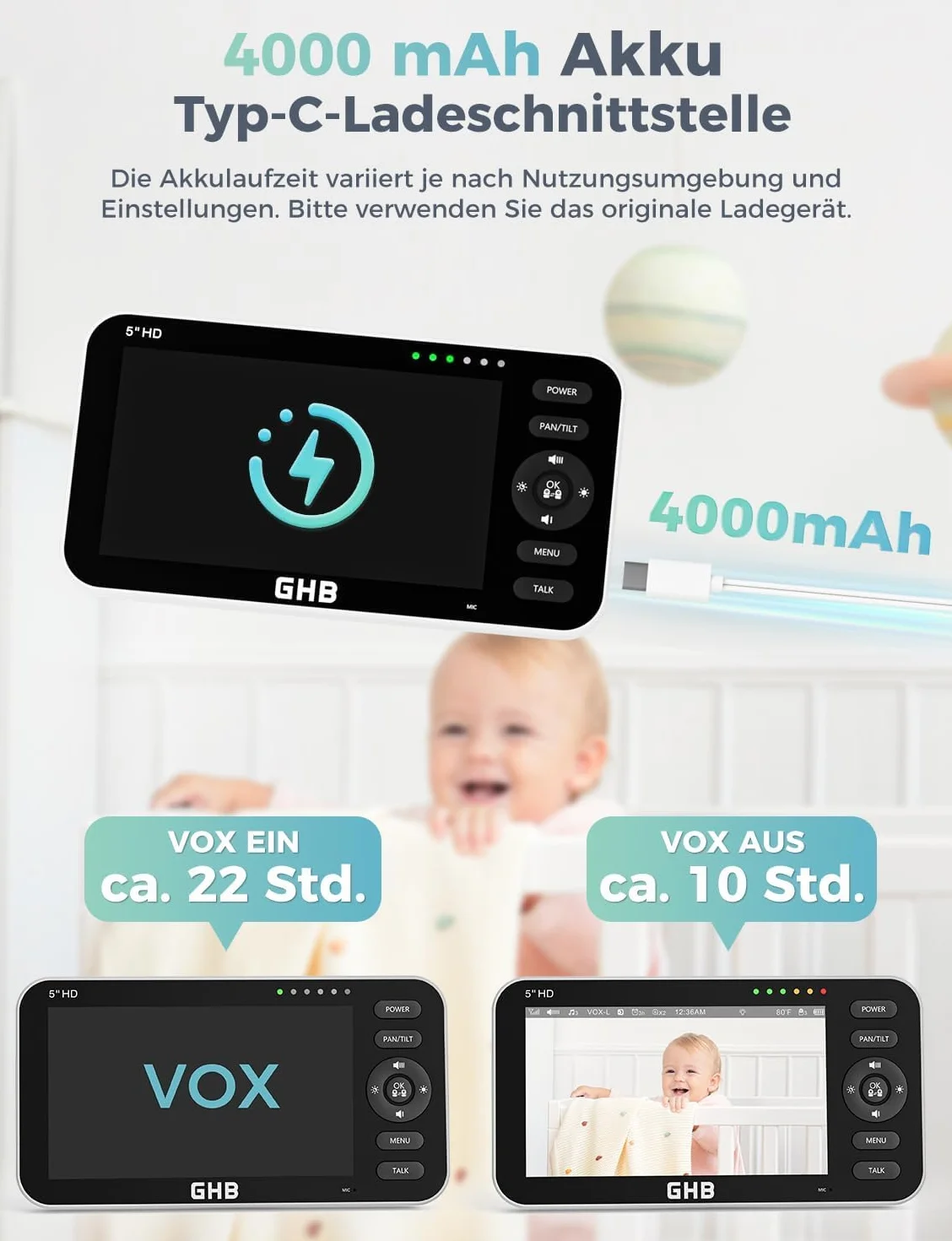 GHB niania elektroniczna z kamerą 5-calowym wyświetlaczem 720P HD IPS z akumulatorem 4000mAh Pan/Tilt 350°/110° tryb VOX mowa dwukierunkowa noktowizja wyświetlacz temperatury