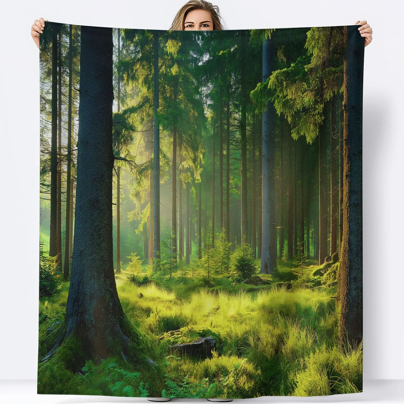 Koc polarowy flanelowy Natura las Słońce Polar, narzuta na sofę, przytulny koc, 2-osobowy koc na łóżko w kratę zimowy, 220 x 240 cm Żółty Zielony