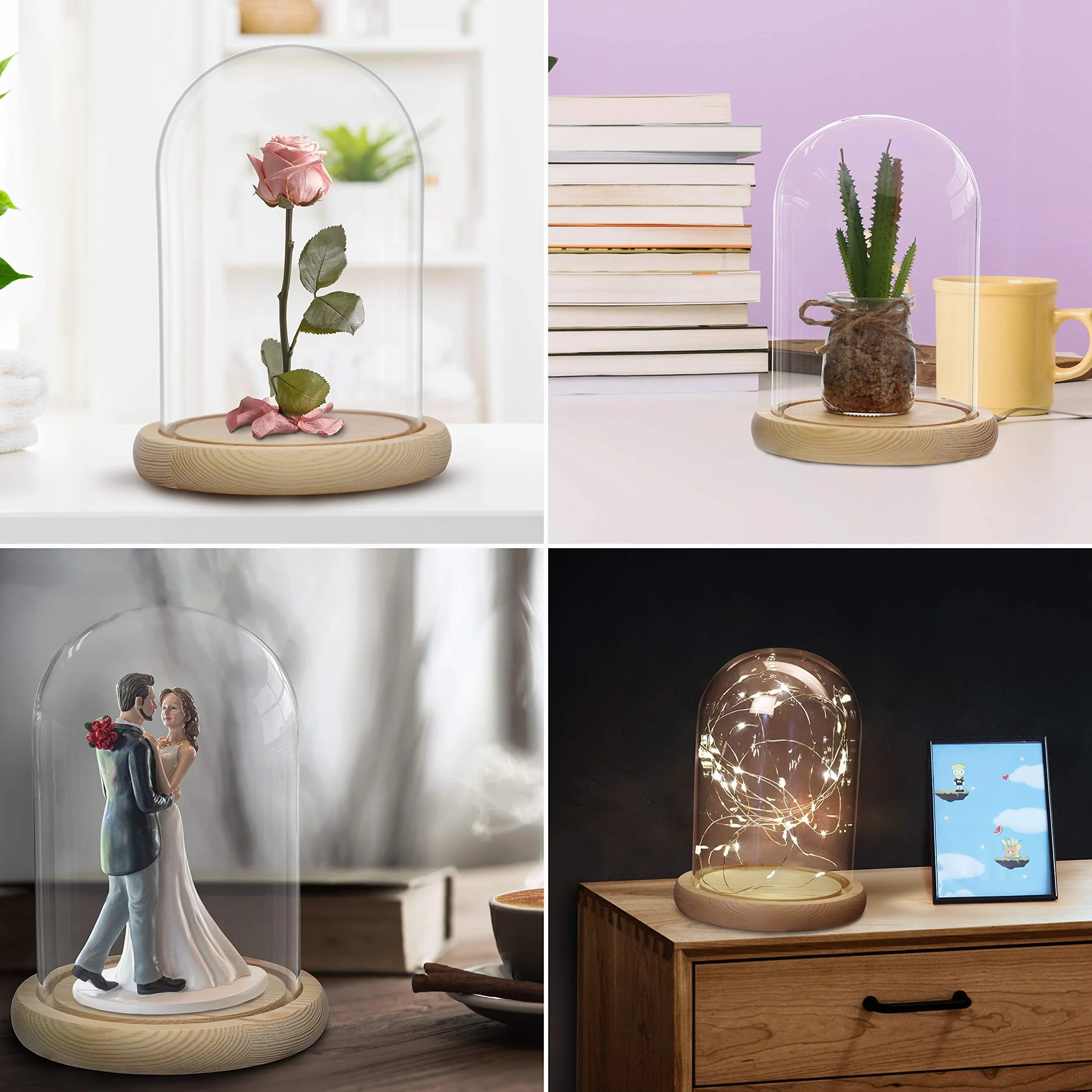 Belle Vous Szklany dzwonek z podstawą z naturalnego drewna - 20 cm - przezroczysty dekoracyjny szklany dzwonek z drewnianą tacą do świateł, dekoracji stołów, antyków
