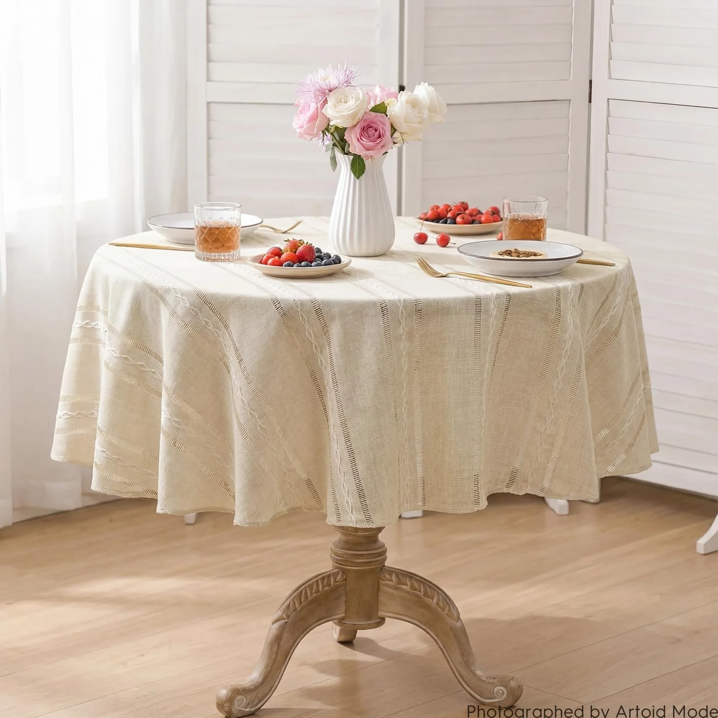 Artoid Mode Boho beżowy bawełniany lniany obrus prostokątny, okrągły, 140 cm, styl dworkowy, zmywalny, do kuchni, na urlop, imprezę, dekoracja