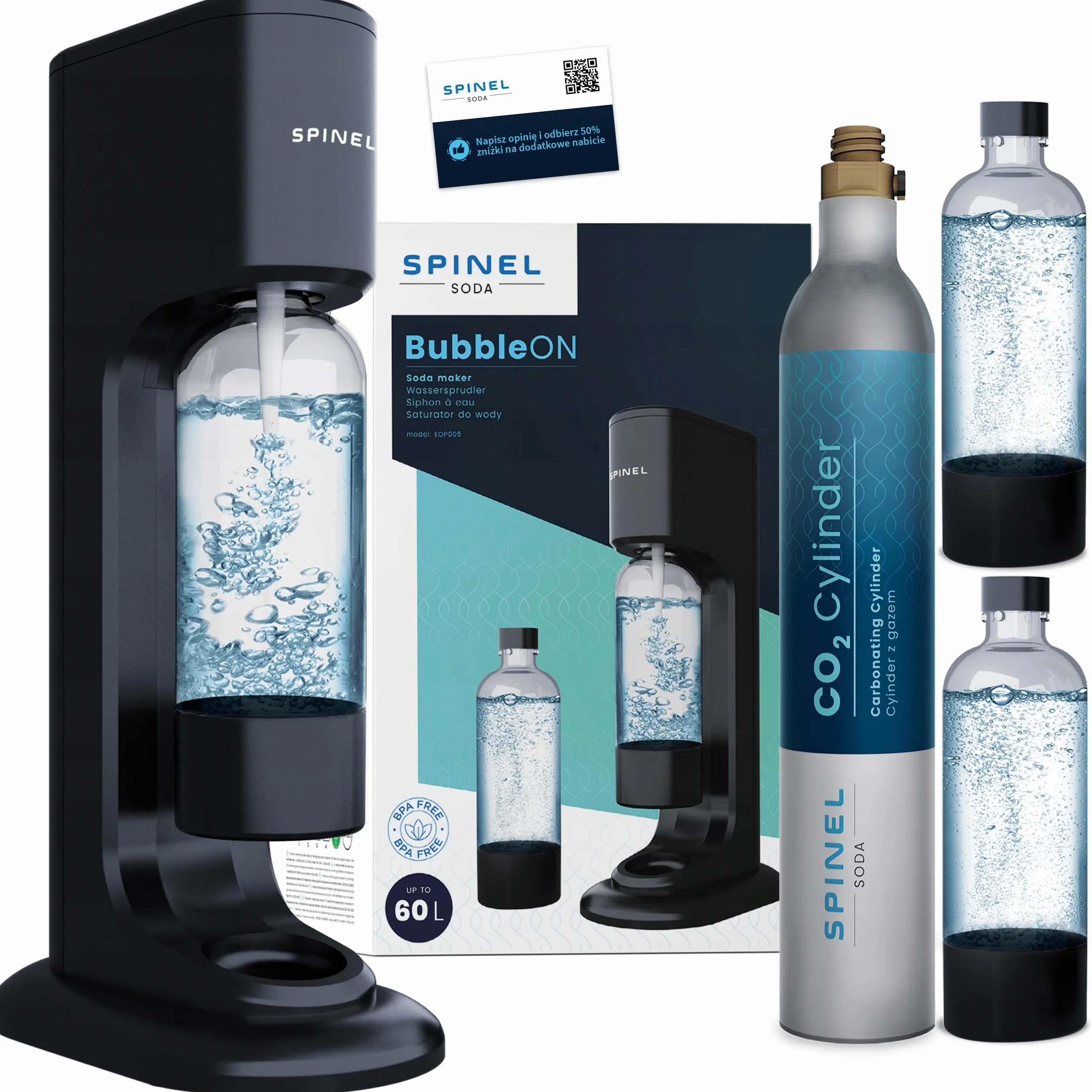 Saturator do wody - Spinel Soda BubbleON z dwoma butelkami 1l czarny, nabój CO2 60l