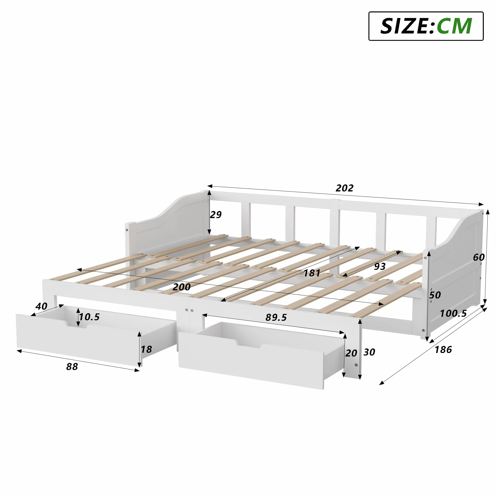 Sofa rozkładana 90/180 x 200 cm z litego drewna, składane łóżko z 2 szufladami, balustrada i podłokietniki, bez poduszek, idealna do pokoju dziecięcego lub salonu (lite drewno)