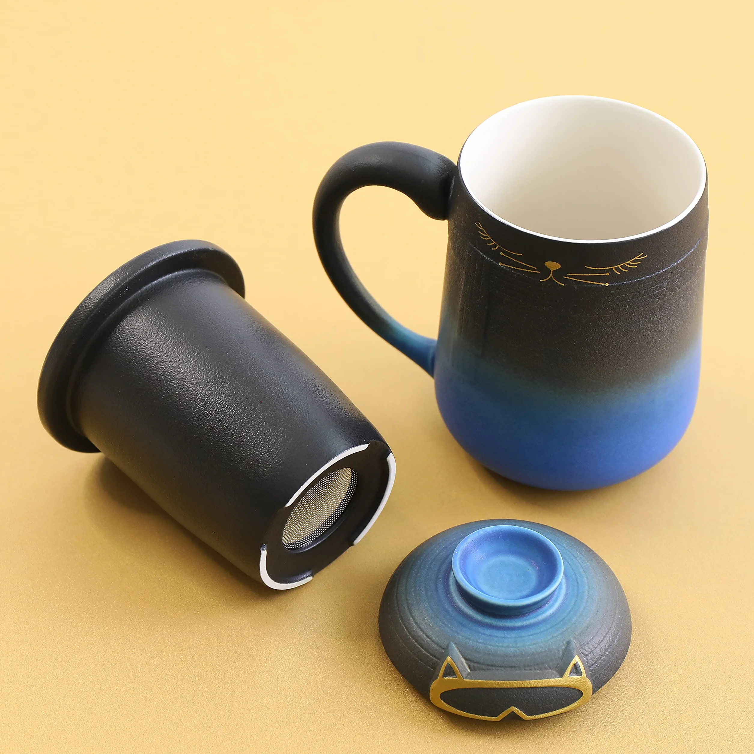 TEANAGOO Ceramiczny kubek zaparzający dla kota z pokrywką, 460 ml, gradient niebieski do czarnego, duży japoński zestaw filiżanek do herbaty, szklany kubek z dyfuzorem herbaty japoński kubek do kawy