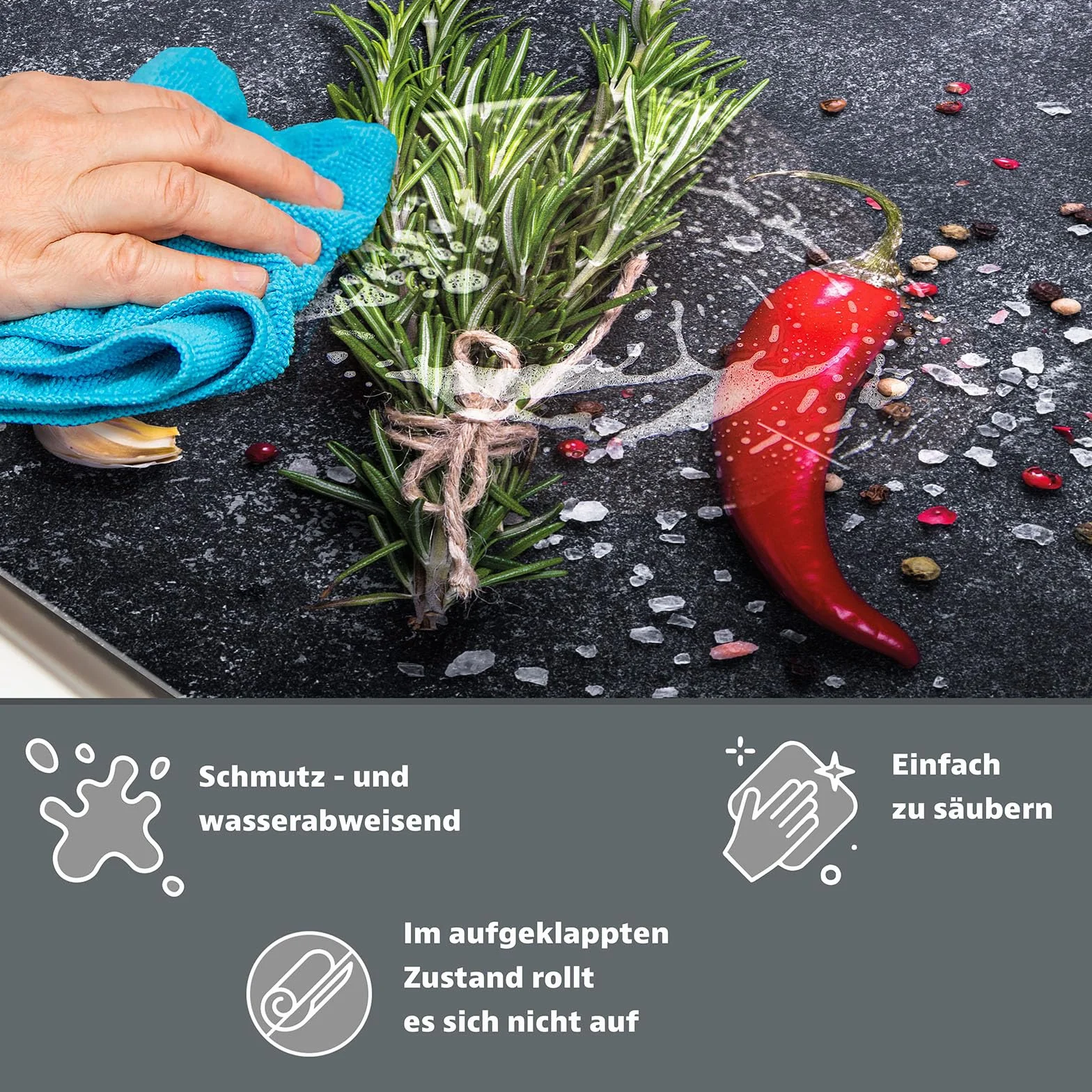 Mata ochronna na płytę indukcyjną 60x52 cm - Mata winylowa zwijana na blat - Mata dekoracyjna na kuchenkę - łupek - chili - przyprawy