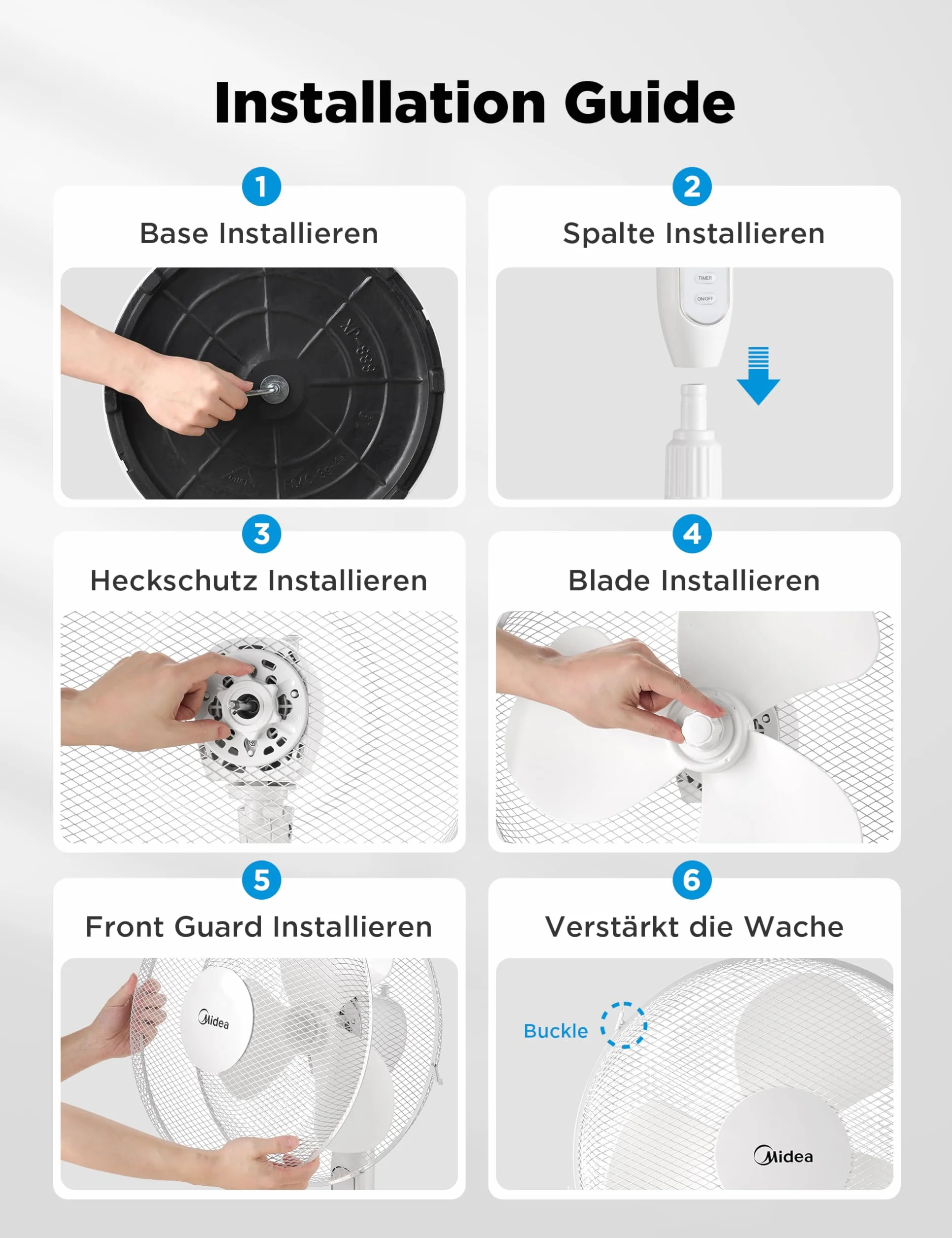 Midea MFS400M0APW0 wentylator podłogowy 40W Regulowana Wysokość Cichy Wentylator Z Pilotem 3 Poziom Prędkości, Oscylacja 85°,Regulowana wysokość od 1,1 do 1,3 metra,Biały