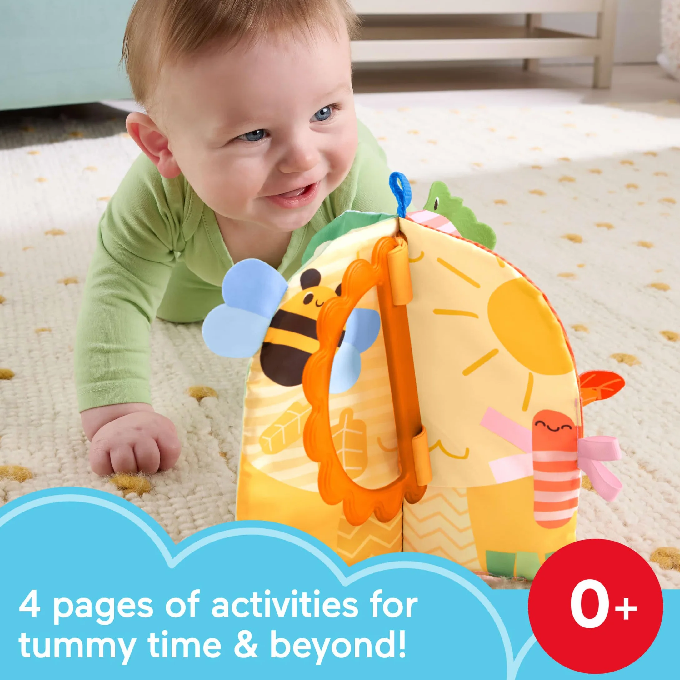 Fisher-Price Miękka książeczka sensoryczna – Pory roku, 4 strony, zabawa na brzuszku/na siedząco, aktywizująca zabawka sensoryczna dla noworodków i niemowląt, JKP53