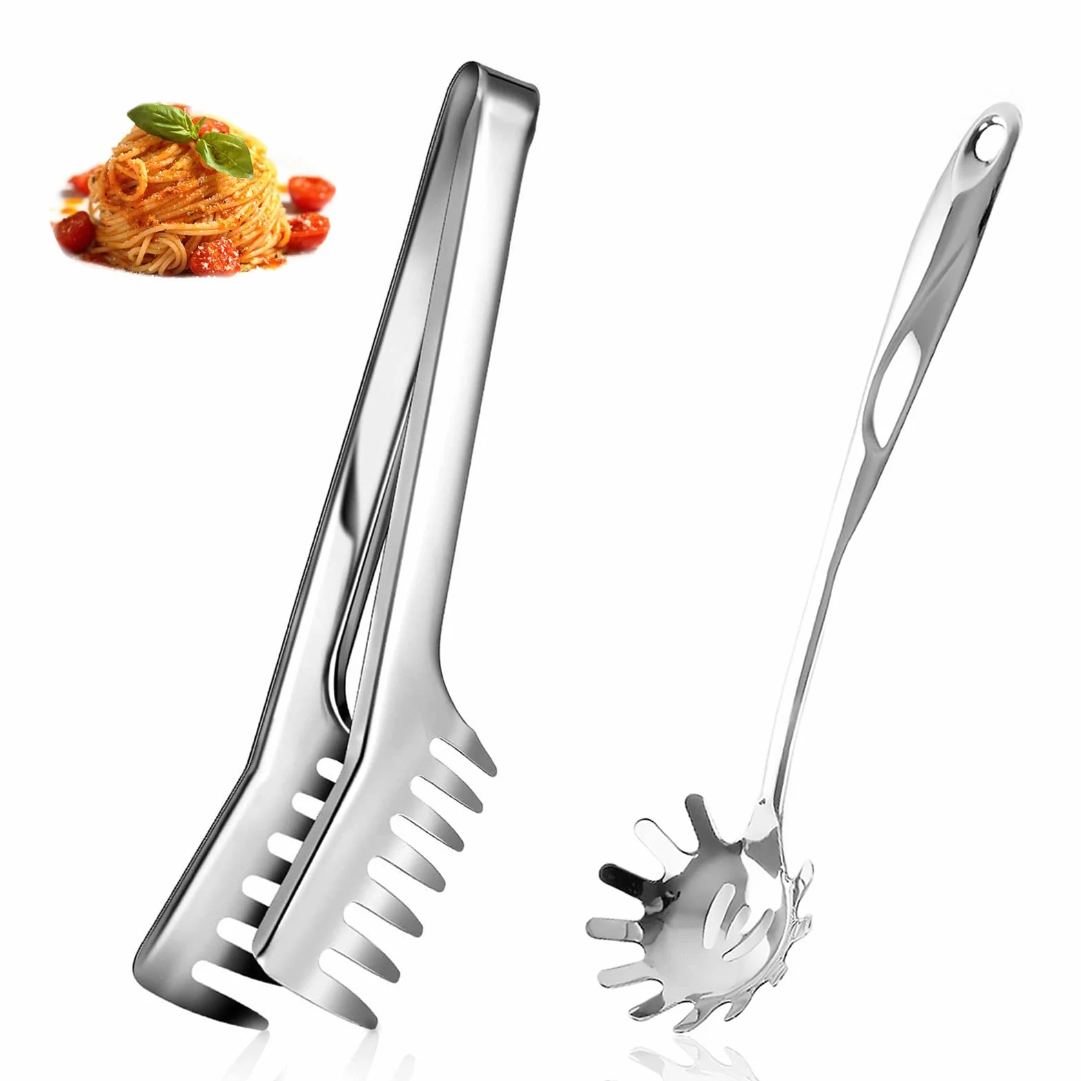 Zestaw do serwowania spaghetti, łyżka do makaronu ze stali nierdzewnej, szczypce do spaghetti, srebrne szczypce do serwowania ze stali nierdzewnej, nadają się do mycia w zmywarce, nadają się do
