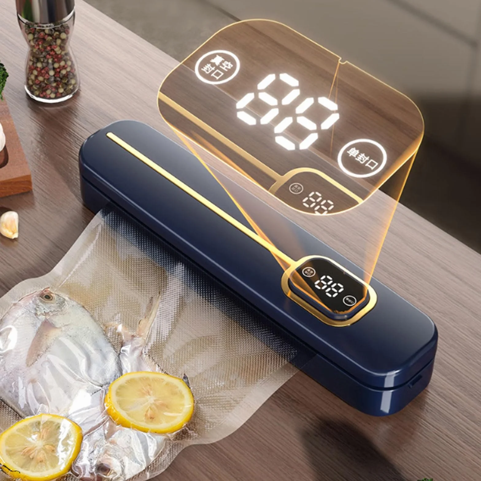 W pełni automatyczna zgrzewarka z dłuższym uszczelnieniem, kompaktowy system konserwacji próżniowej, cyfrowy timer odliczający(Blu)