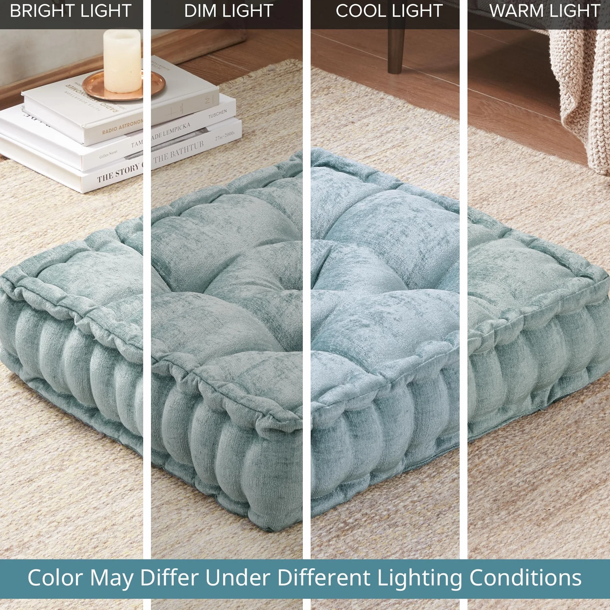 Intelligent Design Azza Floor Pillow, Large Cushions Sitting for Adults, Floor Pillow for Meditation or Yoga, Lustrous Chenille Tufted with Scalloped Edges for Bench/Chair Cushion, 20"x20"x5" Aqua