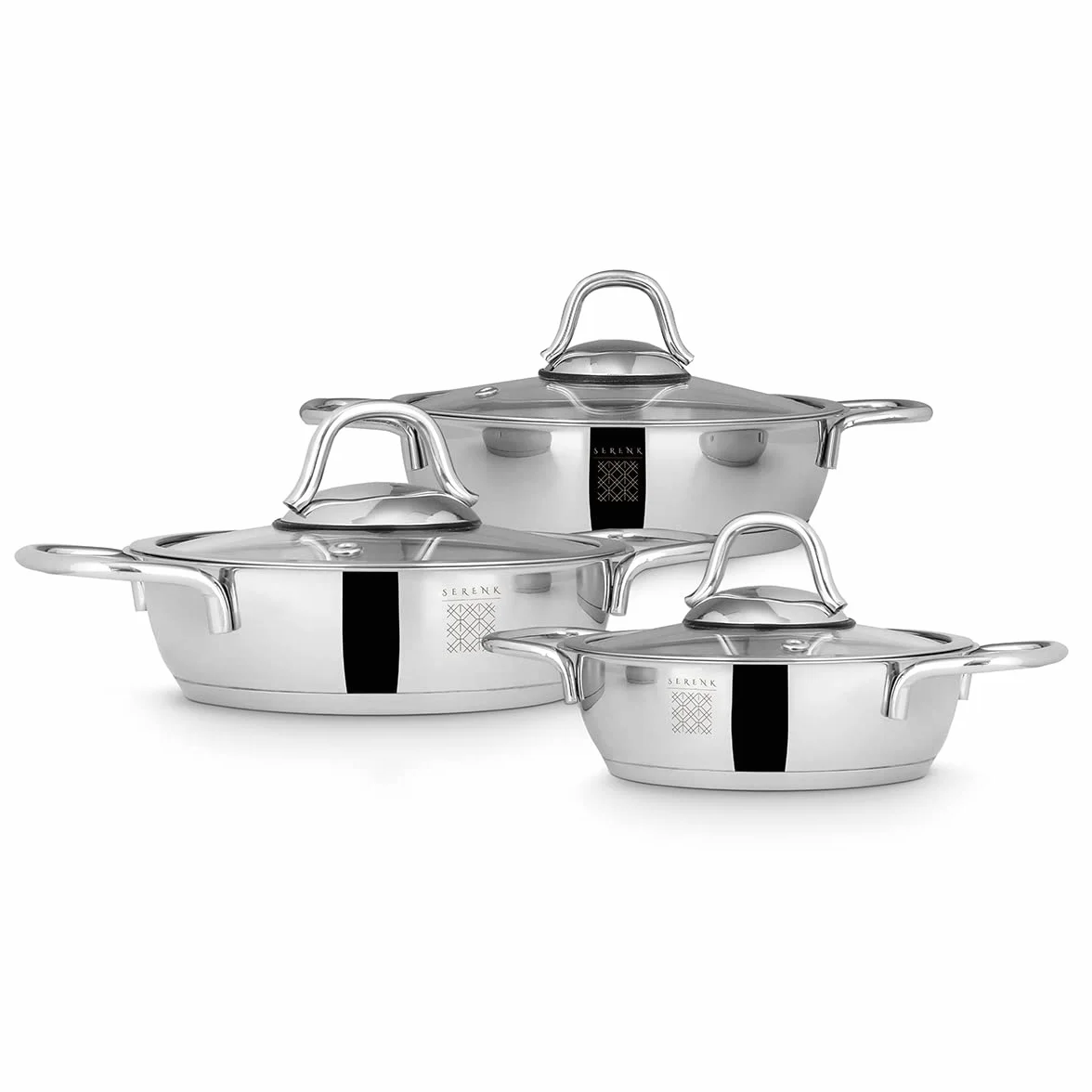 SERENK Bateria kuchenna Indukcja 6 sztuk | 3 rondele + 3 szklane pokrywy | Ø14cm, Ø16cm, Ø18cm | Zestaw garnków ze stali nierdzewnej