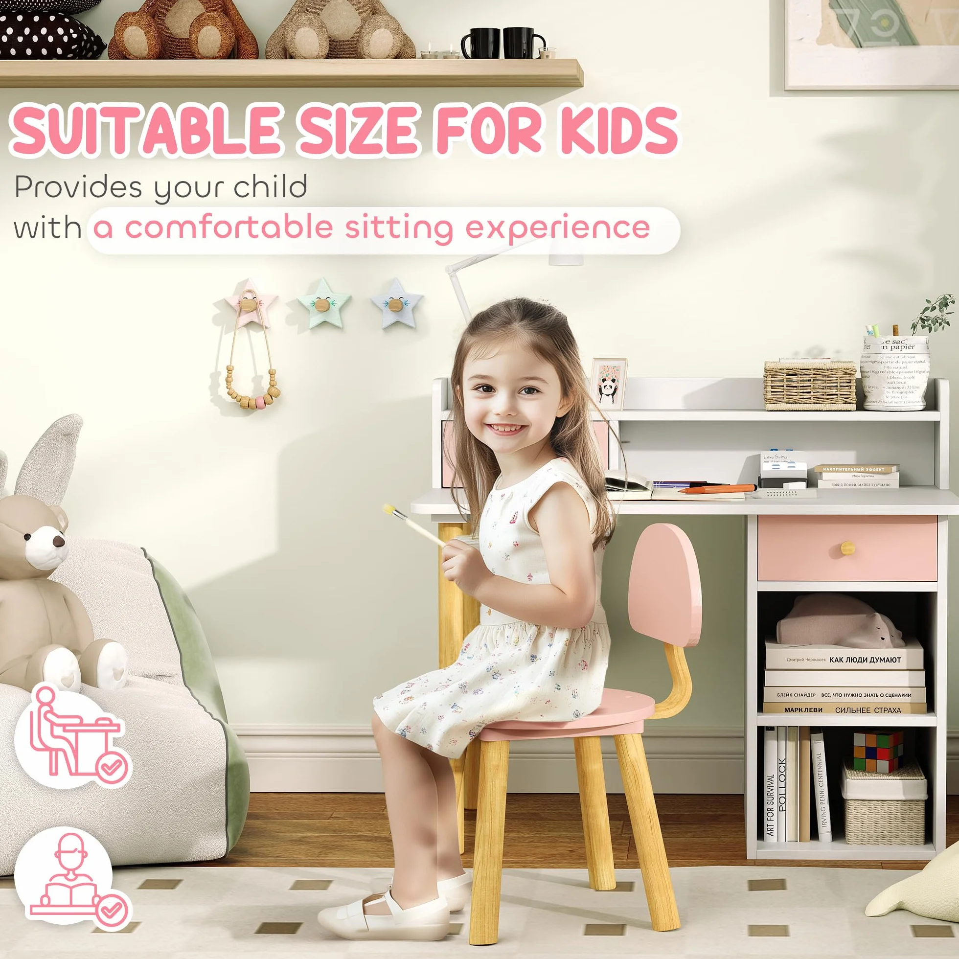 AIYAPLAY Kids Desk and Chair Set, Children Study Table with Hutch, Storage, Drawer, Shelves, for Studying, Reading, Drawing, for Ages 3-8 Years, Pink