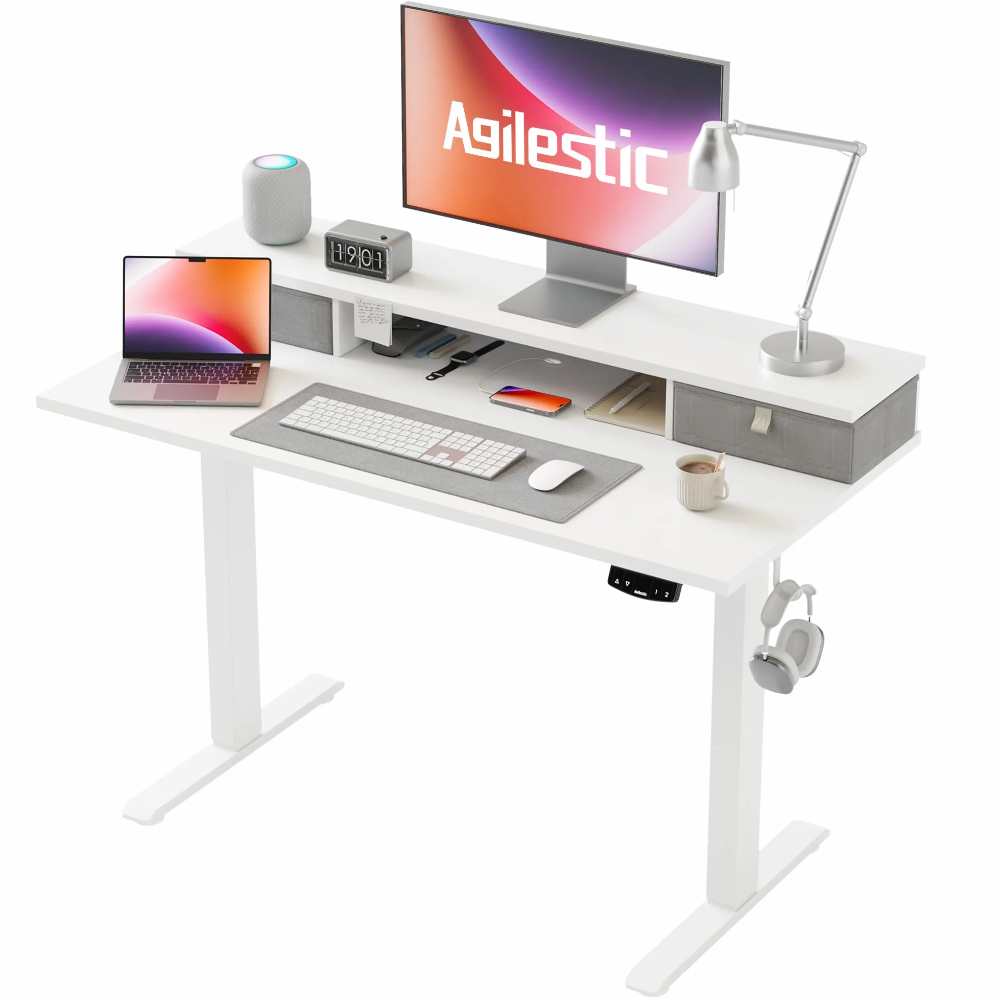 Agilestic Biurko z regulacją wysokości i 2 szufladami, stabilne, elektryczne ustawienie wysokości, ergonomiczne biurko komputerowe do pracy na siedząco i stojąco, 100 x 60 cm, białe