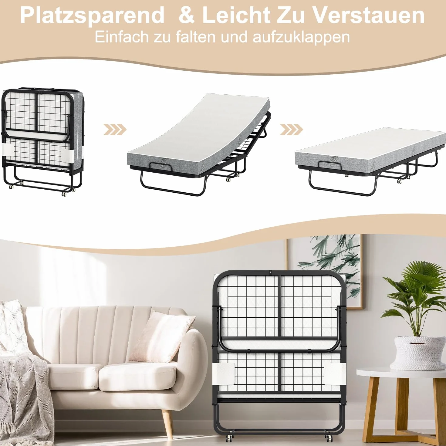 90 x 200 cm łóżko składane, pojedyncze łóżko z pianki o grubości 13 cm, łóżko dla dorosłych, łóżko dla gości, składane na kółkach, metalowe łóżko obciążenie 200 kg, do sypialni, biura, salonu