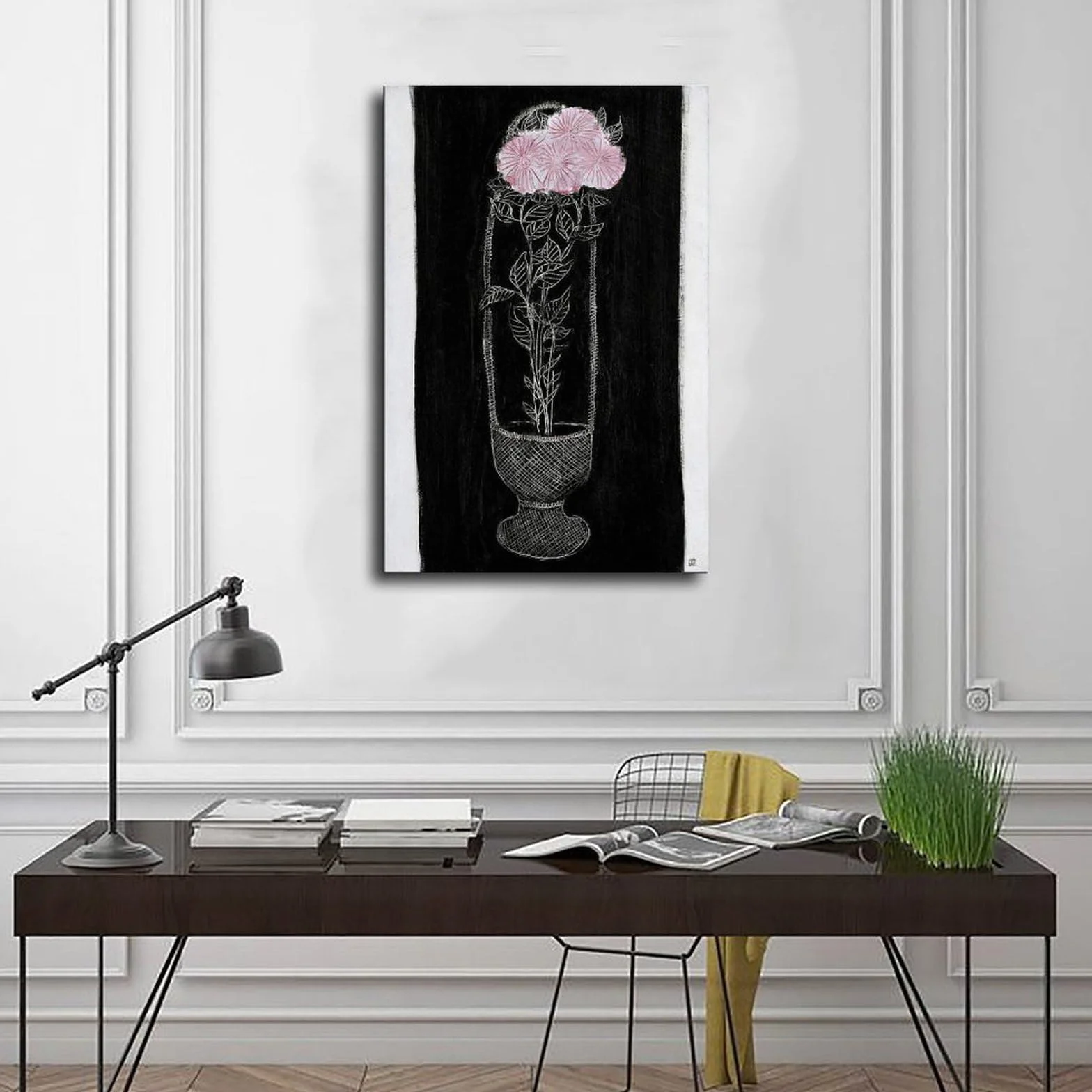 ANFOTCM Sanyu, różowe chryzantemy w koszu, plakaty na płótnie sztuka ścienna sypialnia biuro pokój dekoracja prezent 60 x 90 cm