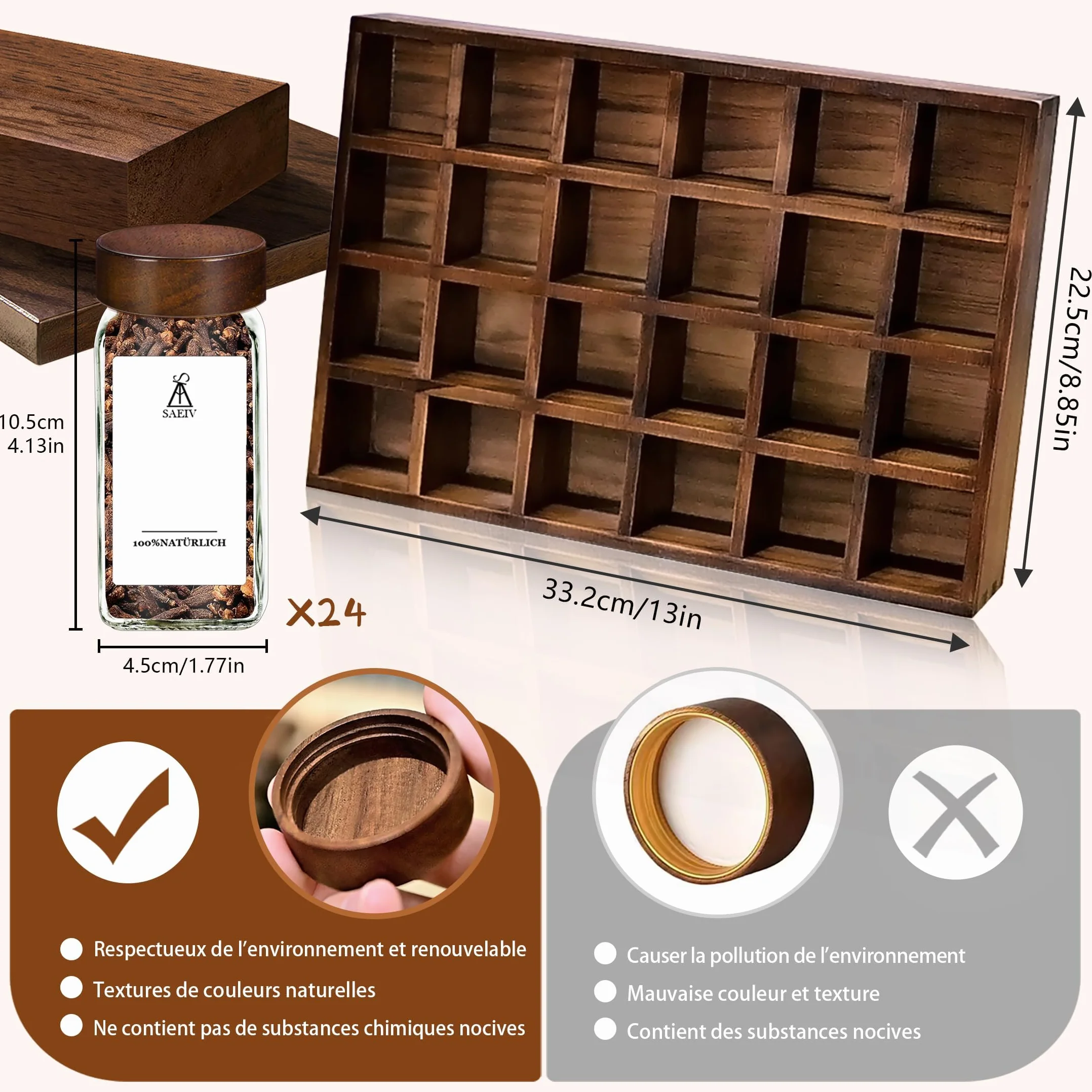SAEIV Ekologiczna półka na przyprawy z drewna akacjowego z 24 przegrodami | 24 słoiki na przyprawy o pojemności 120 ml Organizer do szuflad | Półka na przyprawy ze słoikami 180 niemieckich etykiet na