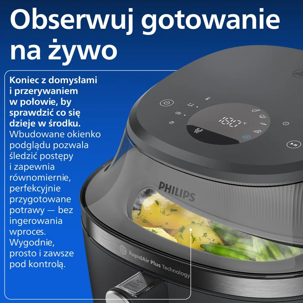 Philips Ovi z parą - Steamfry, Gotowanie na parze i Airfry - 21 sposobów gotowania; Pojemność 7,2 l, Technologia RapidAir, Okienko, Powłoka ceramiczna, Automat. czyszczenie parą (NA540/00)
