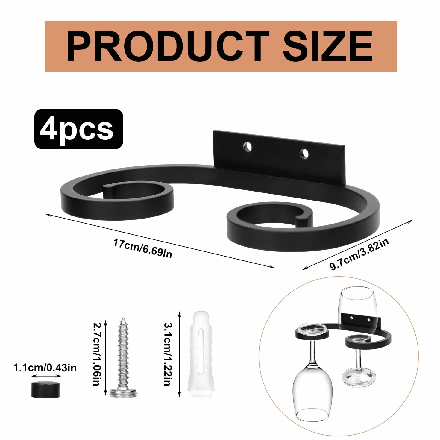 Stojak ścienny na kieliszki do wina metalowy 17x9,7 cm uchwyt pod szafkę