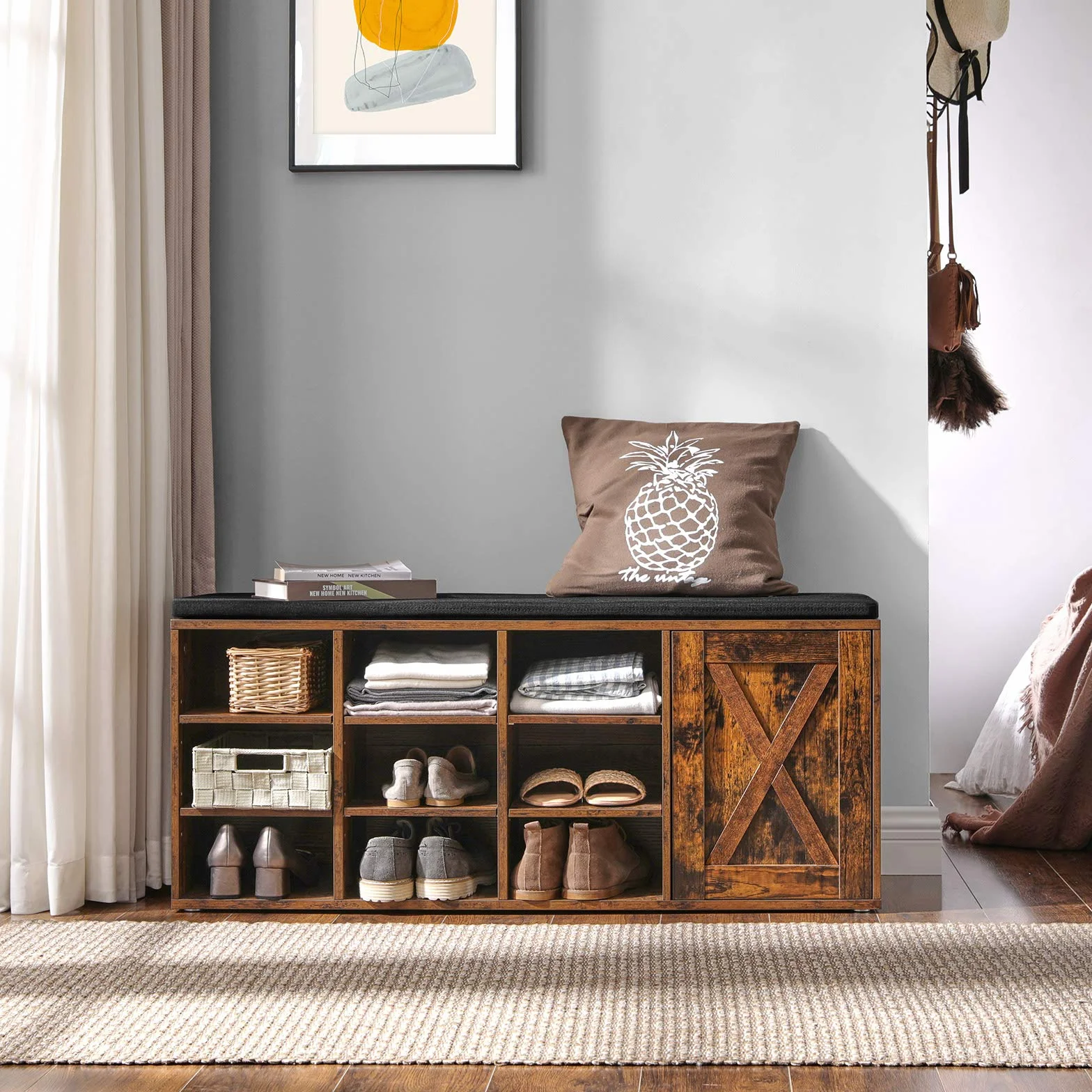 VASAGLE Ławka na buty, szafka do przechowywania, stojak na buty z 9 otwartymi przegrodami i szafką, z tapicerką, 110 x 30 x 48 cm, drzwi rustykalne, brąz vintage LHS058X01