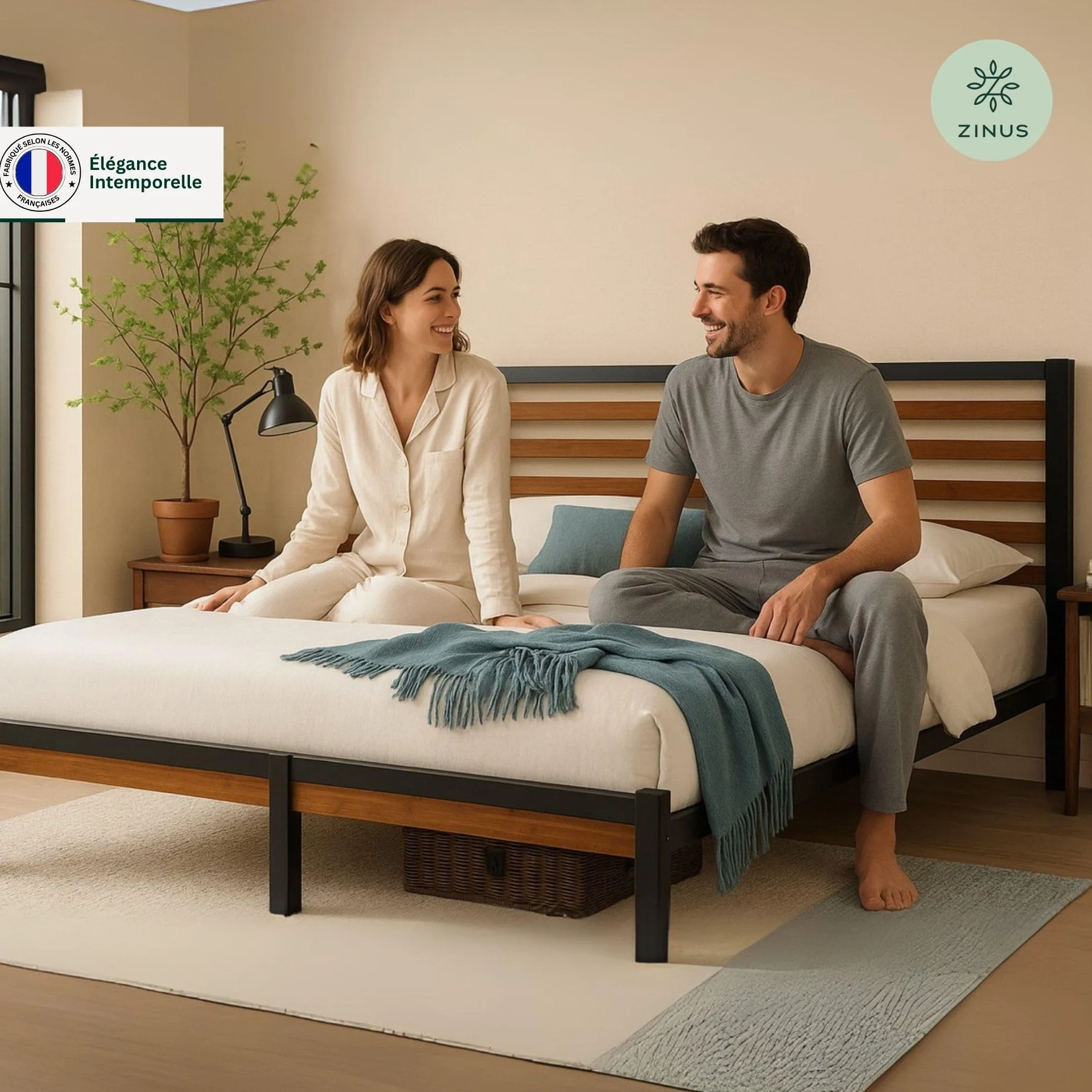 Zinus Kai Łóżko 160 x 200 cm – wysokość 23 cm, łóżko king-size – metalowa rama łóżka bambusowego (brązowo-czarna)