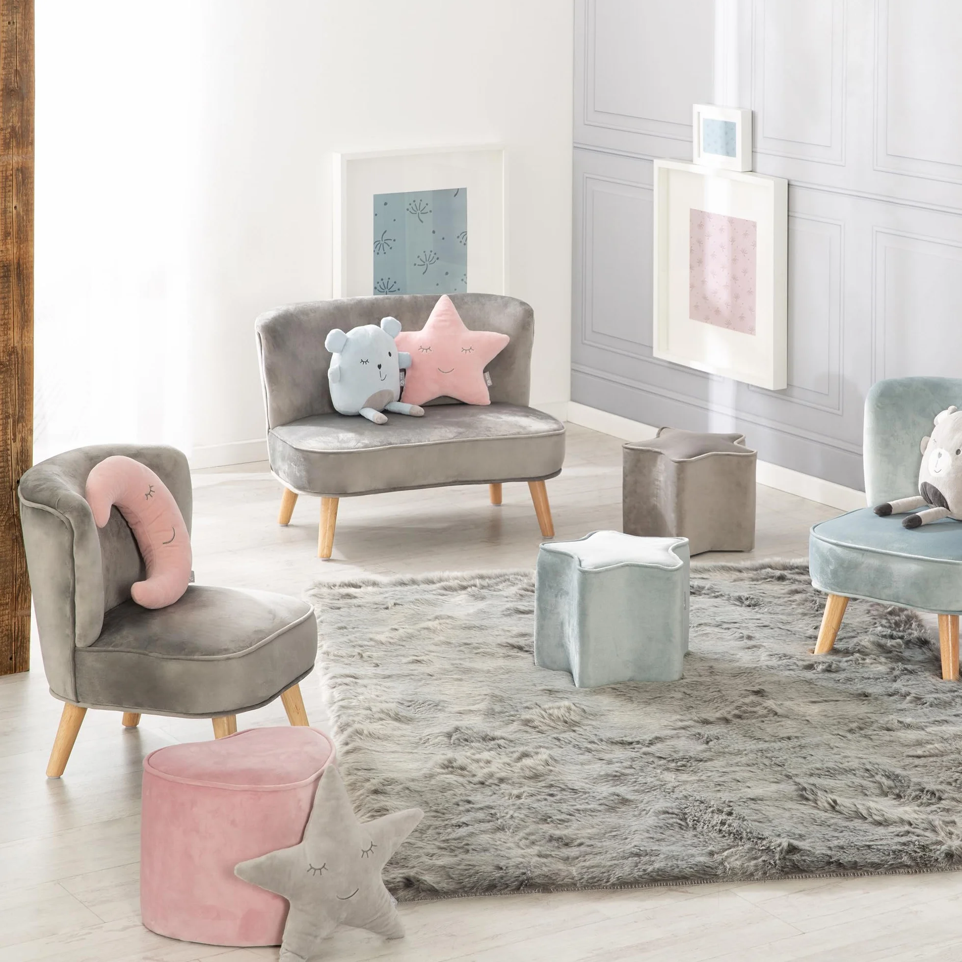 roba Fotel dziecięcy Lil Sofa - Wygodny fotel dla dziewcząt i chłopców - Stabilne drewniane nogi - Do pokoju niemowlęcego i dziecięcego - Materiał z weluru - Szary