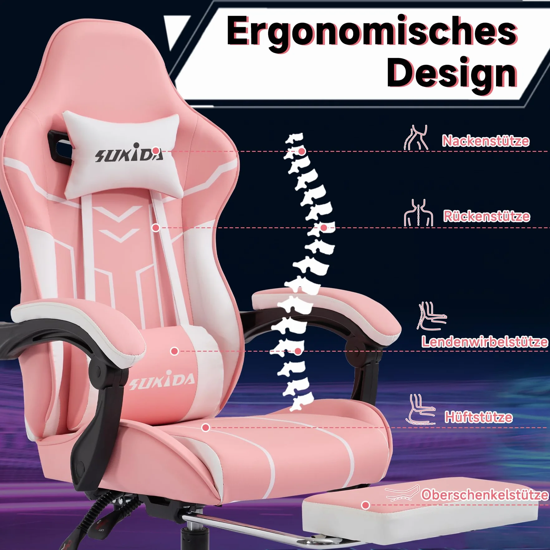 SUKIDA Ergonomiczny fotel do gier z podnóżkiem Różowo-biały