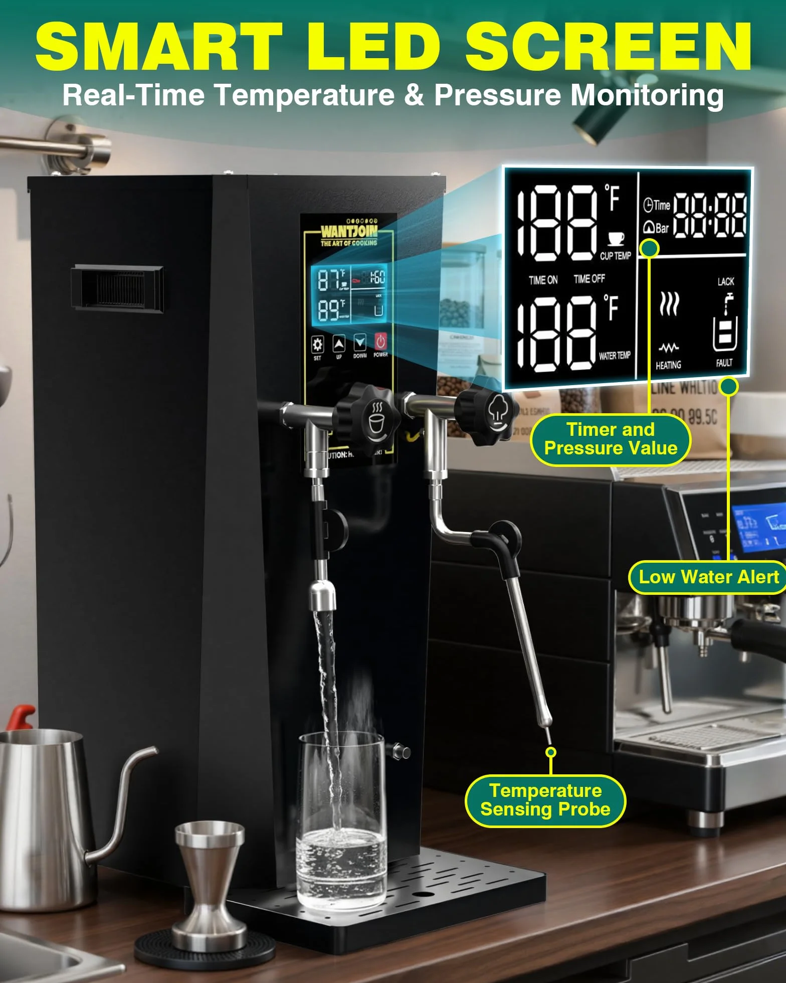WantJoin - Komercyjny spieniacz do mleka 2000 W i podgrzewacz do napojów, profesjonalny ekspres do mleka z wyświetlaczem LED do mleka, cappuccino, kawy, gorącej czekolady i herbaty