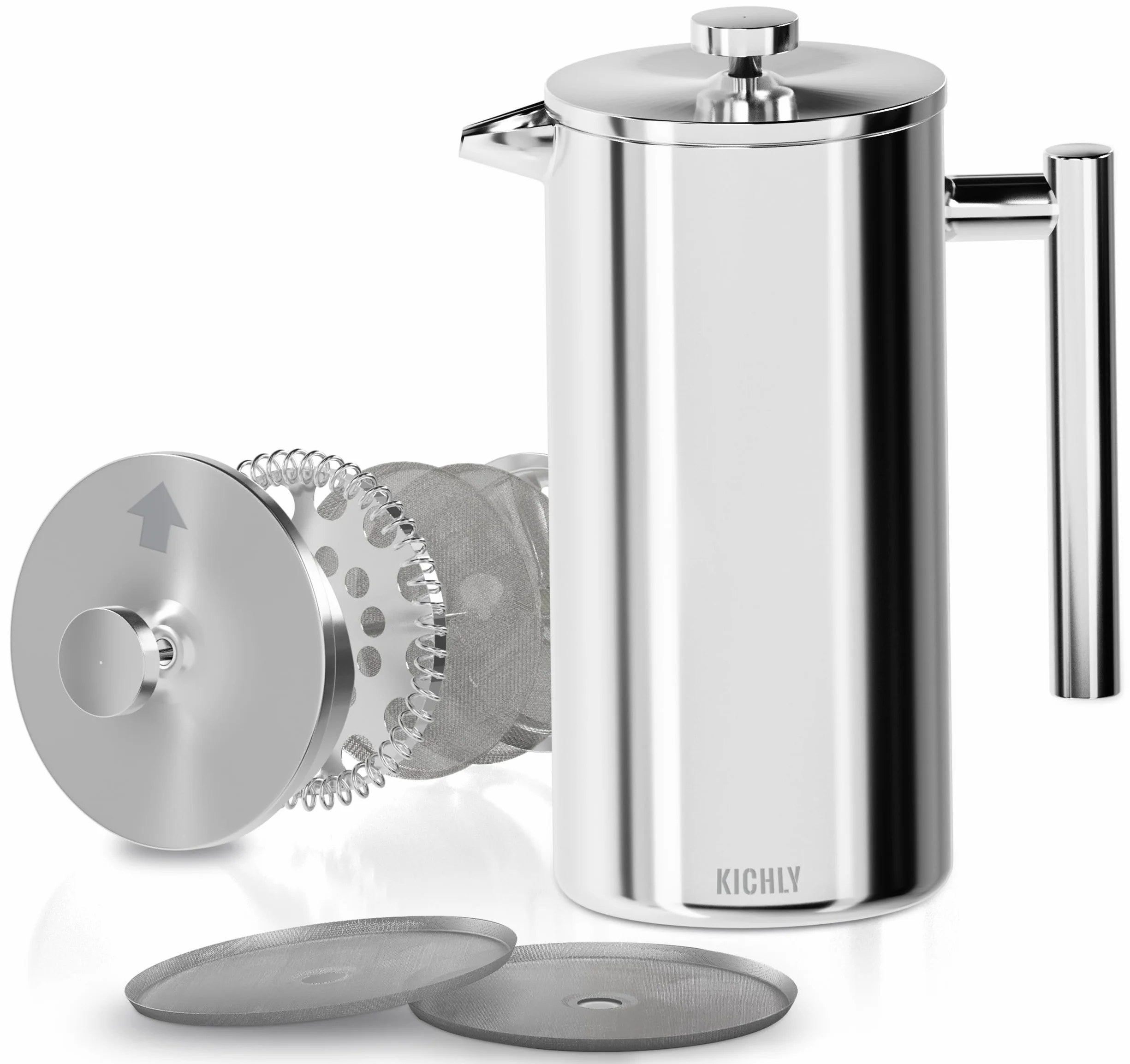 Kichly Prasę Francuską Zaparzacz do Kawy - Ekspres do Kawy 600ml (20oz) Dwuwarstwowe 100% Stal Nierdzewna - Herbata lub Cafetiere Czajnik - Przenośny Cafetière dla domu i kempingu (Srebrny)